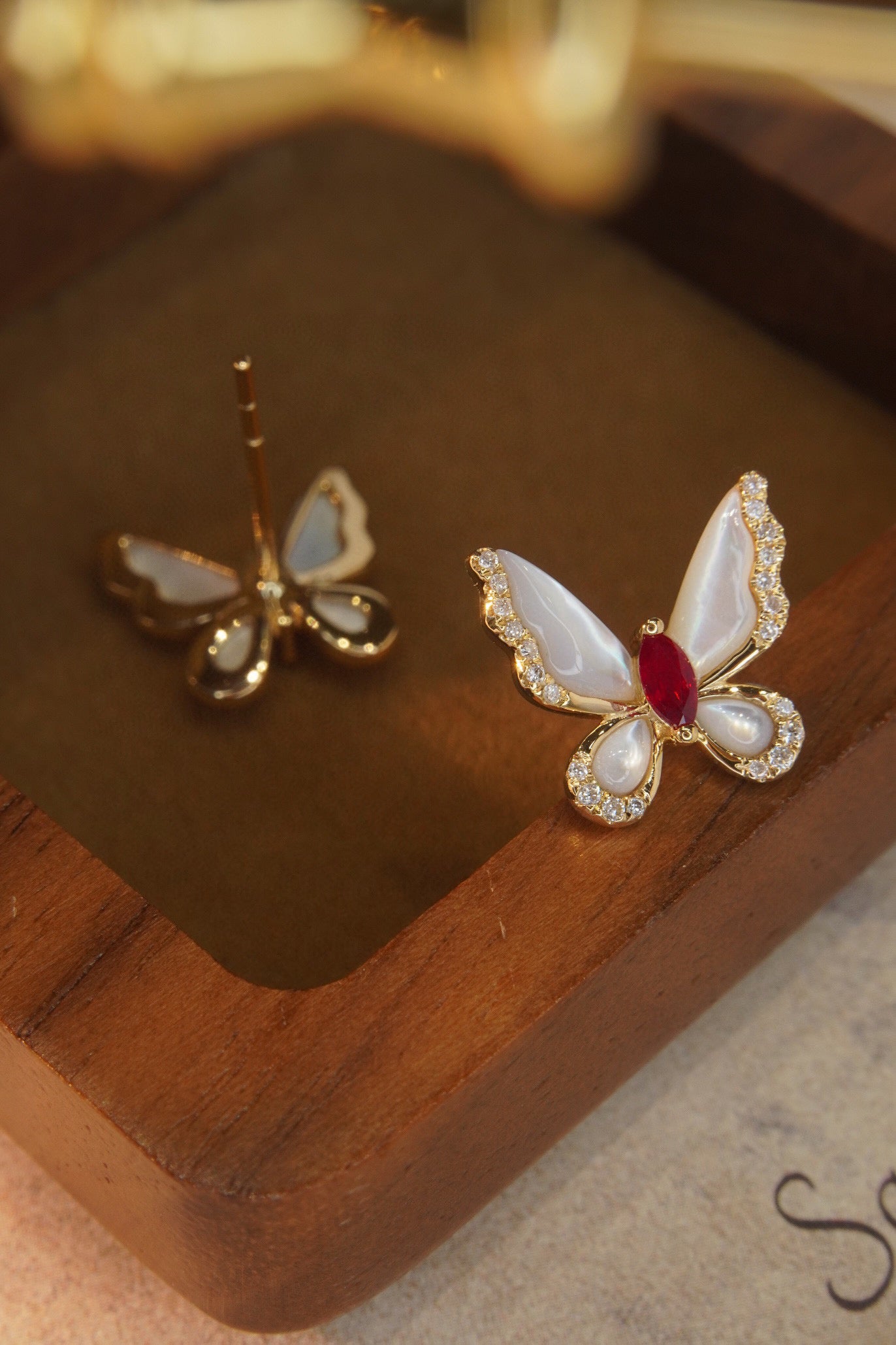 Butterfly Ruby Diamond Earrings, 18K Solid Gold Ruby Diamond Butterfly Stud Earrings