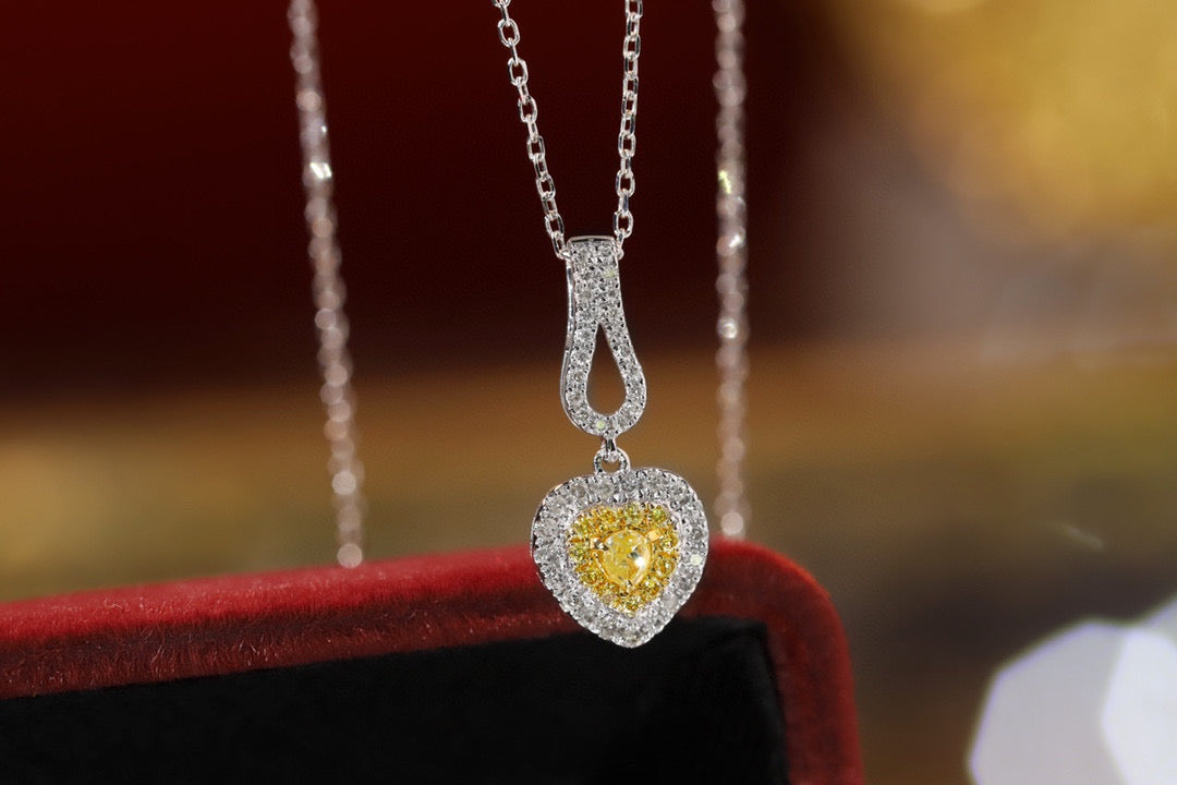 Art Deco 18K Solid Gold Genuine Yellow Diamond Heart Pendant necklace/Dainty Yellow Diamond necklace/wedding,Anniversary Jewelry/ gift for her