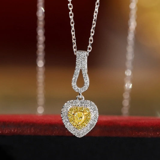 Art Deco 18K Solid Gold Genuine Yellow Diamond Heart Pendant necklace/Dainty Yellow Diamond necklace/wedding,Anniversary Jewelry/ gift for her