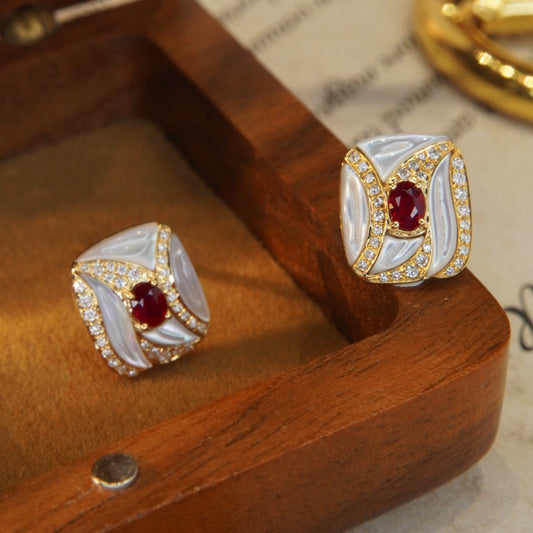 Vintage Ruby Diamond Earrings,18K Solid Gold Ruby Diamond Stud Earrings