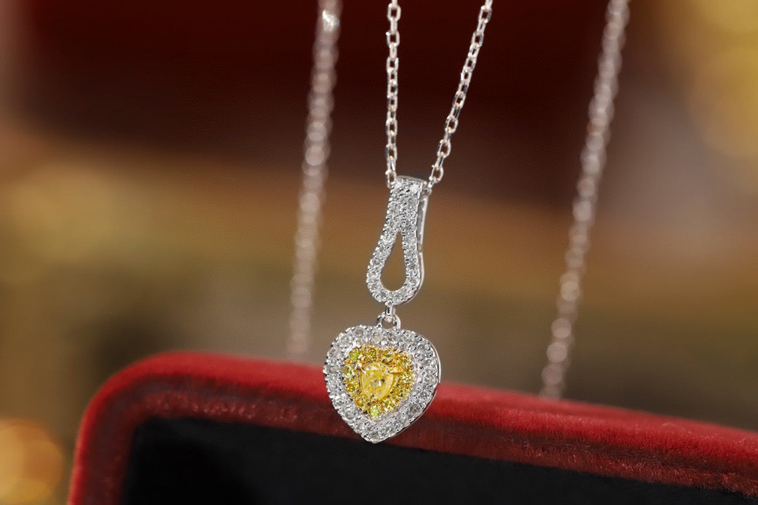 Art Deco 18K Solid Gold Genuine Yellow Diamond Heart Pendant necklace/Dainty Yellow Diamond necklace/wedding,Anniversary Jewelry/ gift for her