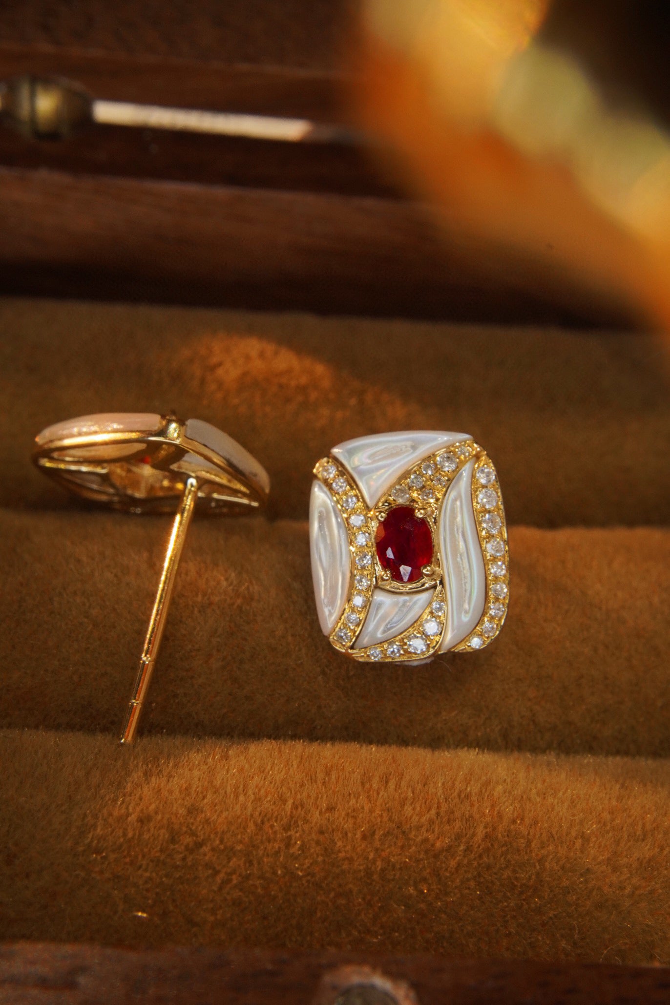 Vintage Ruby Diamond Earrings,18K Solid Gold Ruby Diamond Stud Earrings