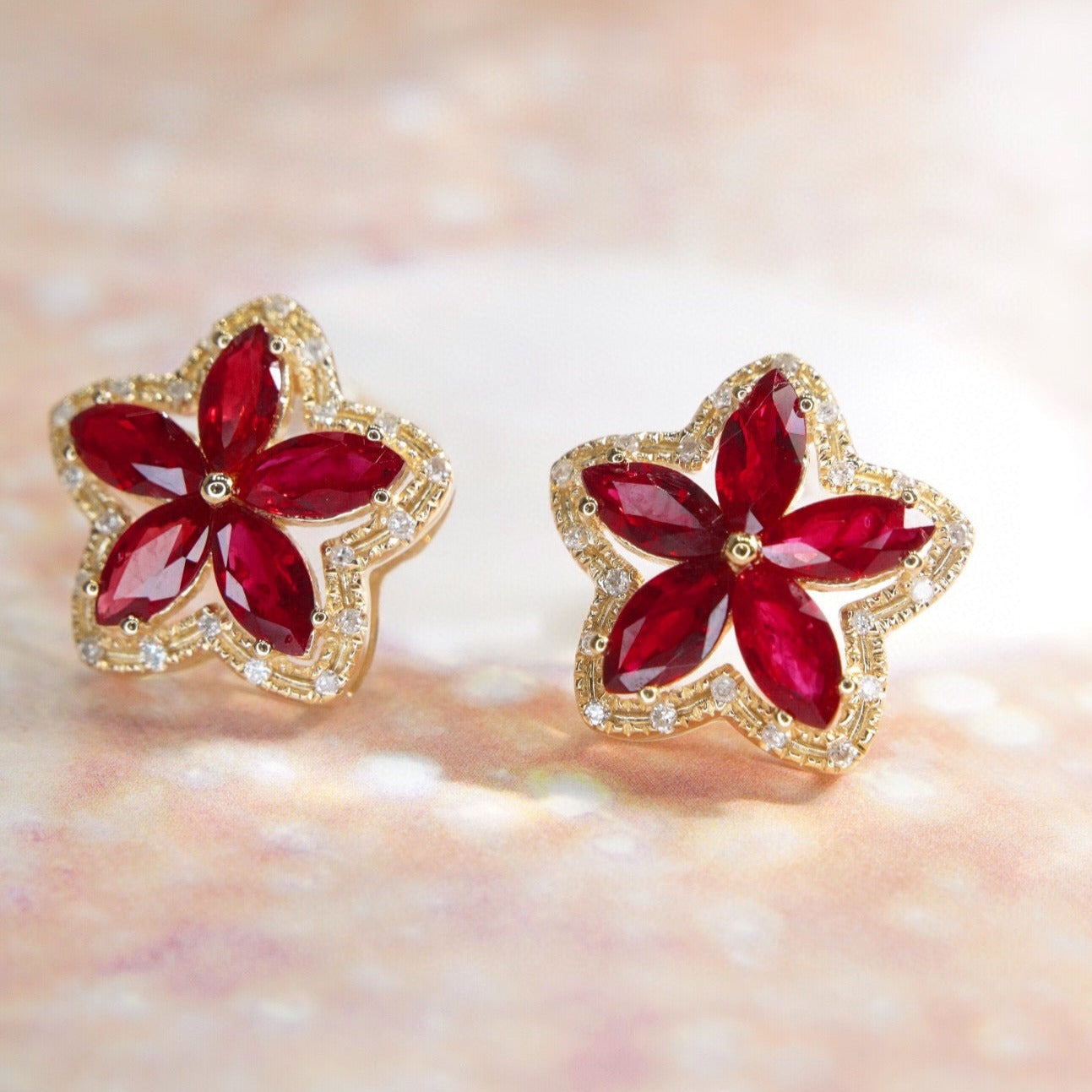 Flower Ruby Diamond Earrings, 18K Solid Gold Ruby Diamond Stud Earrings