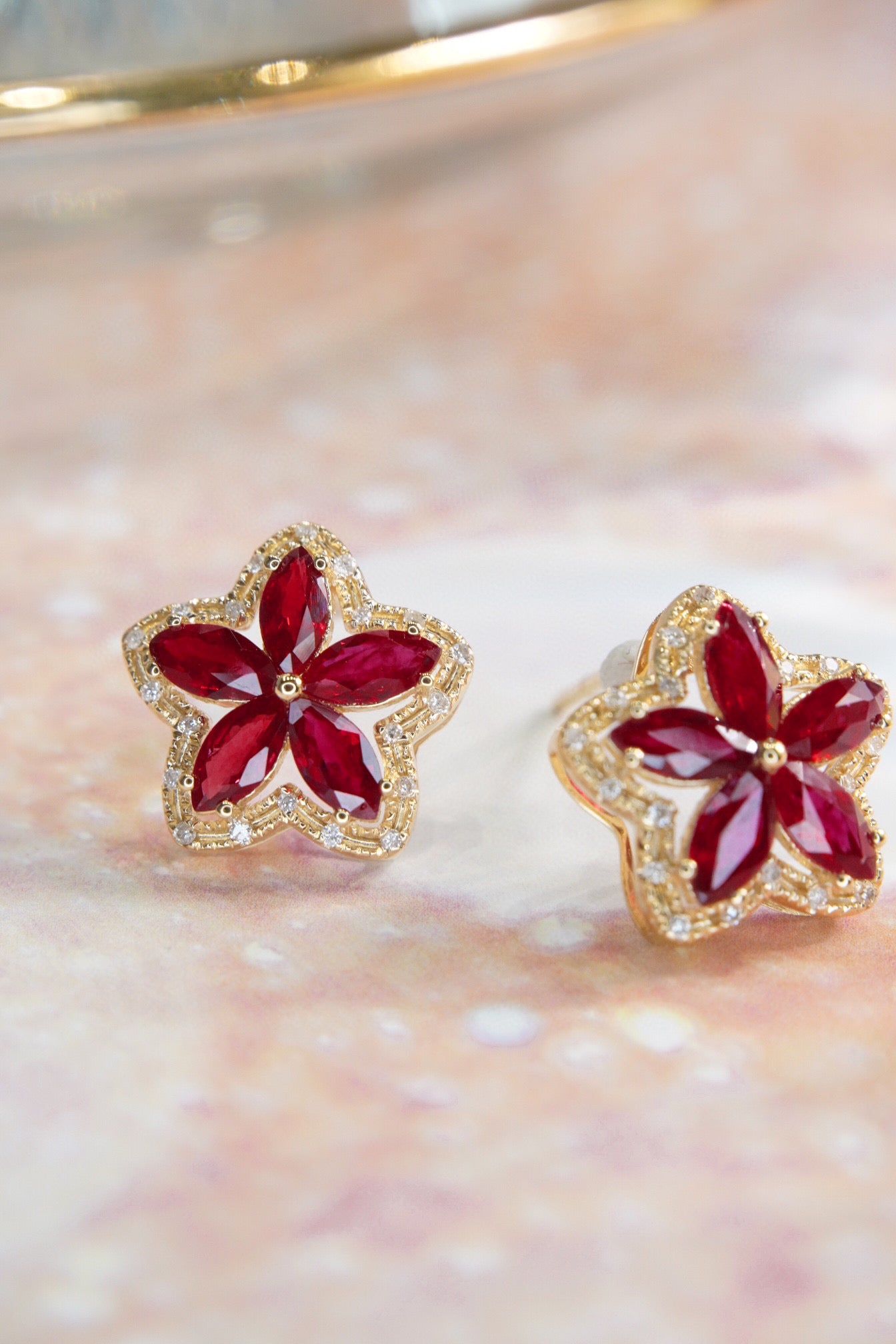 Flower Ruby Diamond Earrings, 18K Solid Gold Ruby Diamond Stud Earrings