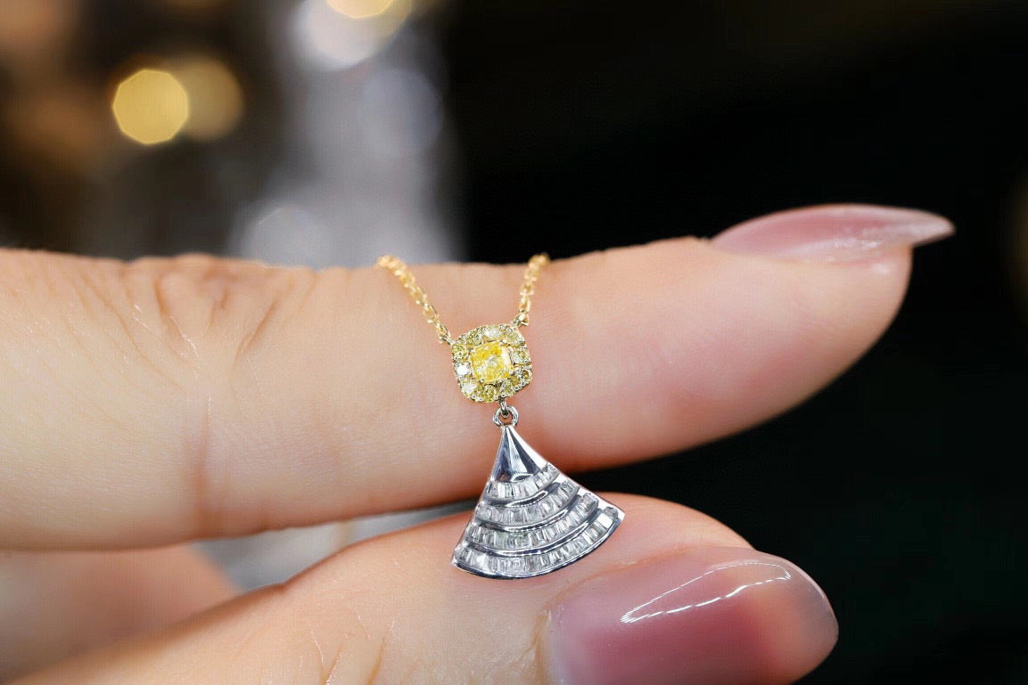 Classic 18K Solid Gold Genuine Yellow Diamond Skirt necklace/Dainty Yellow Diamond necklace/wedding,Anniversary Jewelry/ gift for her