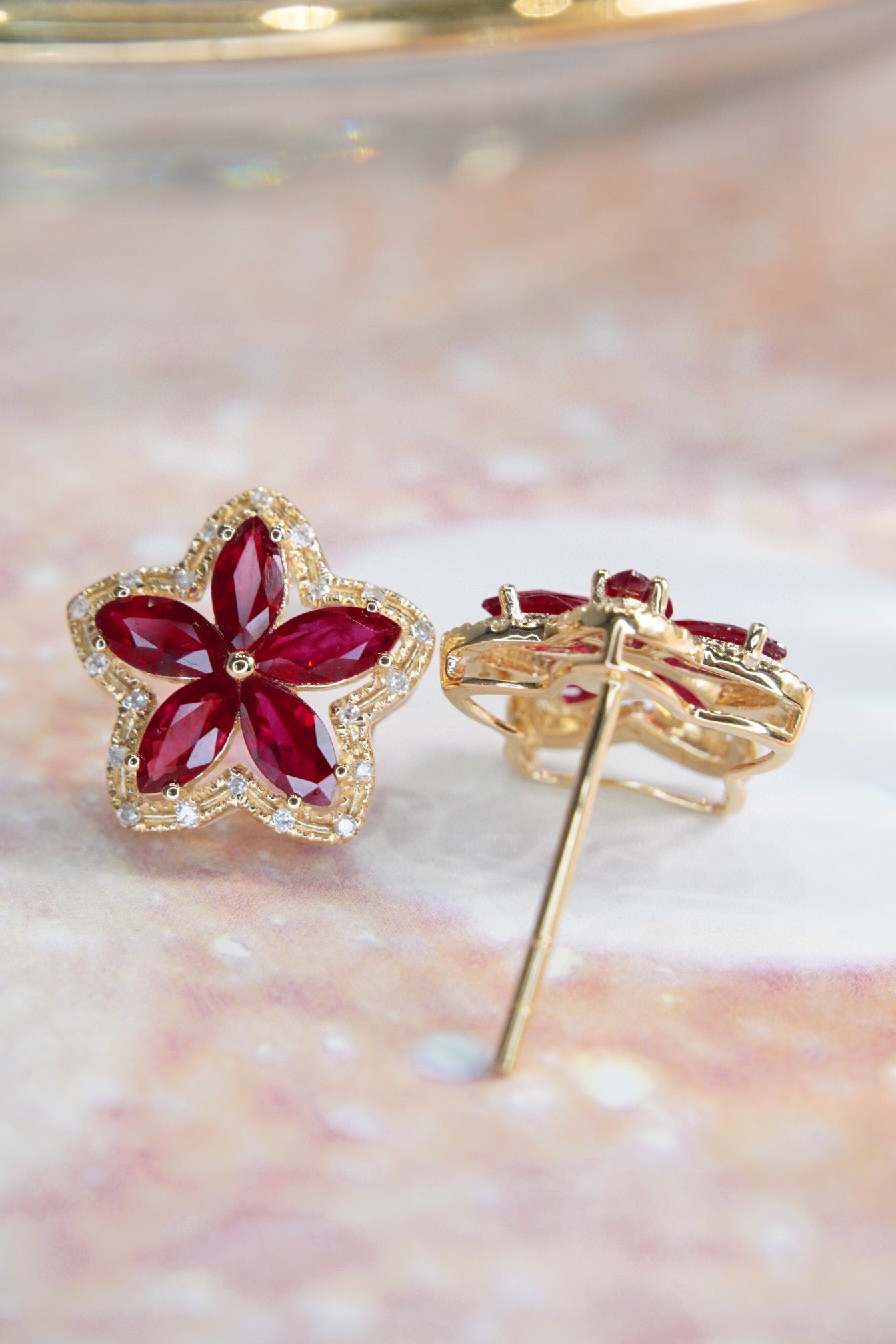 Flower Ruby Diamond Earrings, 18K Solid Gold Ruby Diamond Stud Earrings