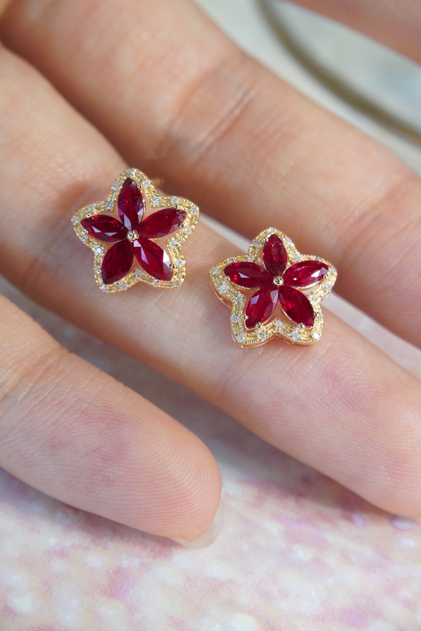 Flower Ruby Diamond Earrings, 18K Solid Gold Ruby Diamond Stud Earrings