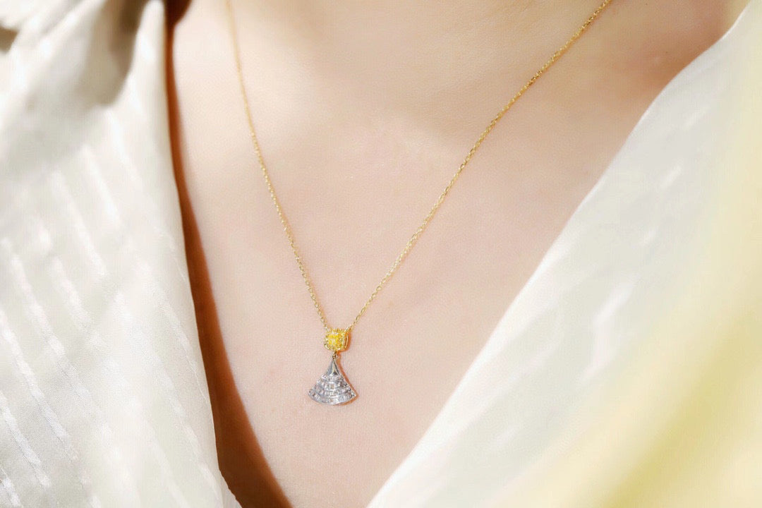 Classic 18K Solid Gold Genuine Yellow Diamond Skirt necklace/Dainty Yellow Diamond necklace/wedding,Anniversary Jewelry/ gift for her