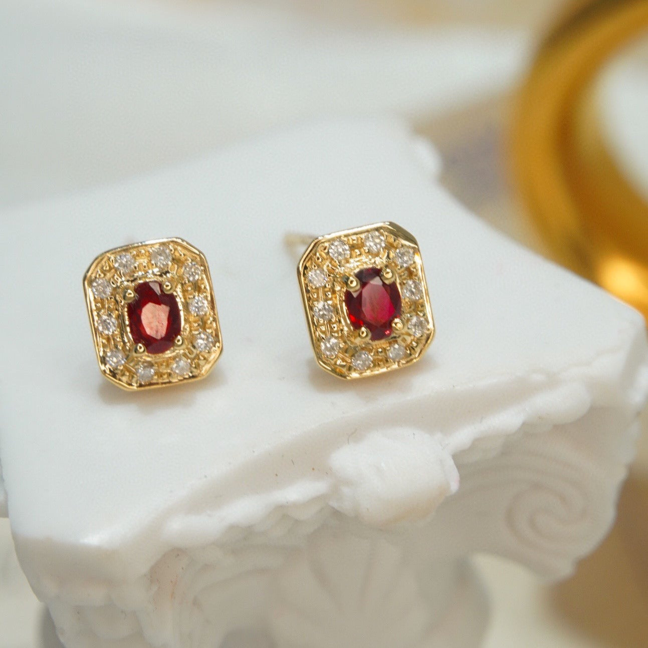 Classic Ruby Diamond Earrings, 18K Solid Gold Ruby Diamond Stud Earrings