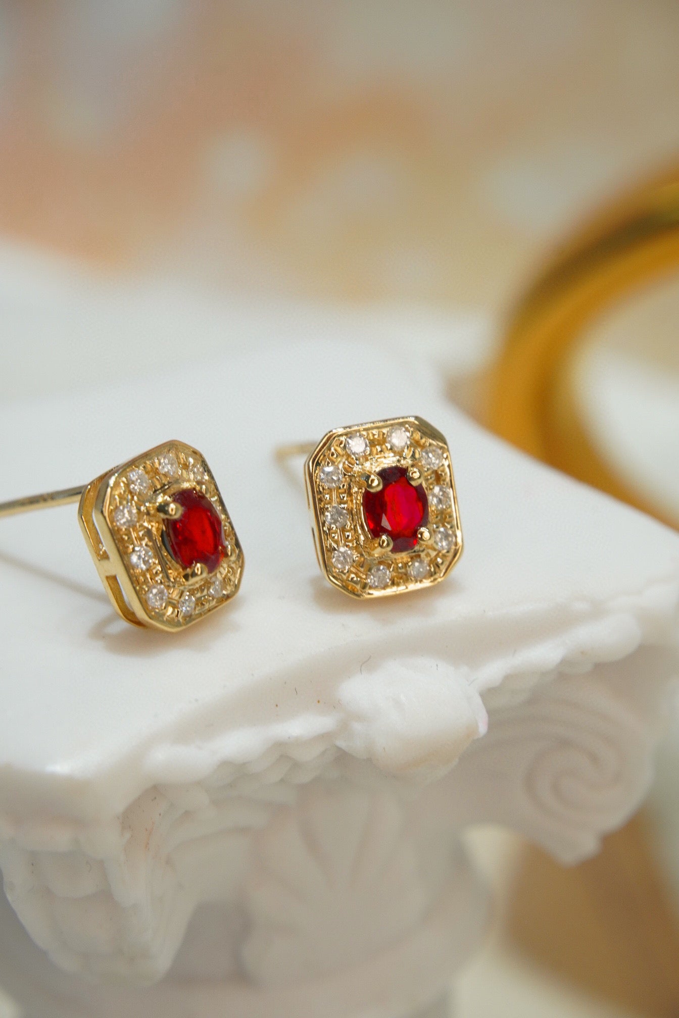 Classic Ruby Diamond Earrings, 18K Solid Gold Ruby Diamond Stud Earrings