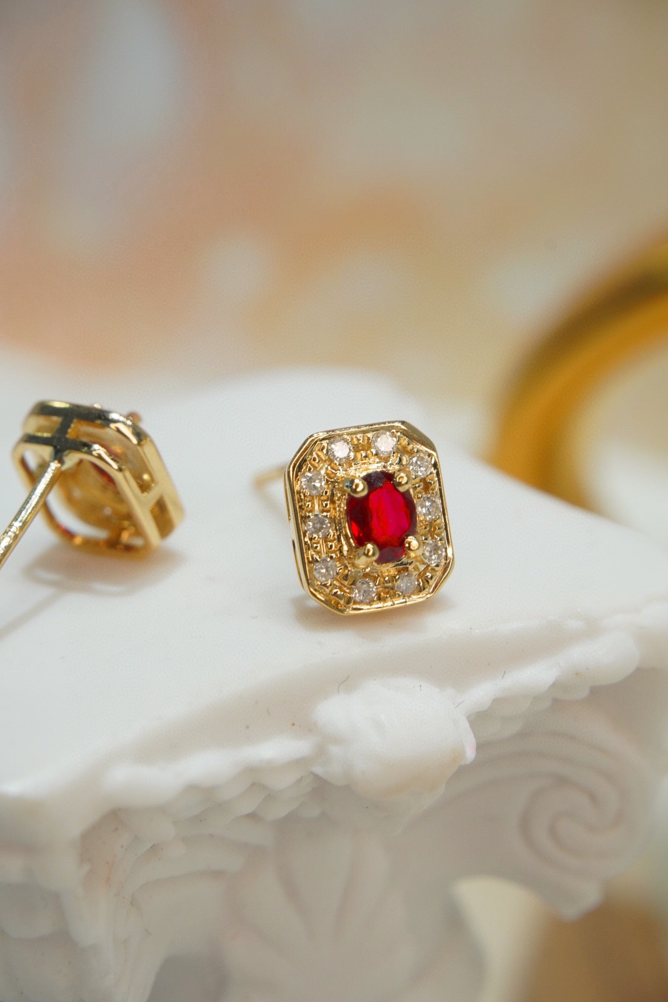 Classic Ruby Diamond Earrings, 18K Solid Gold Ruby Diamond Stud Earrings