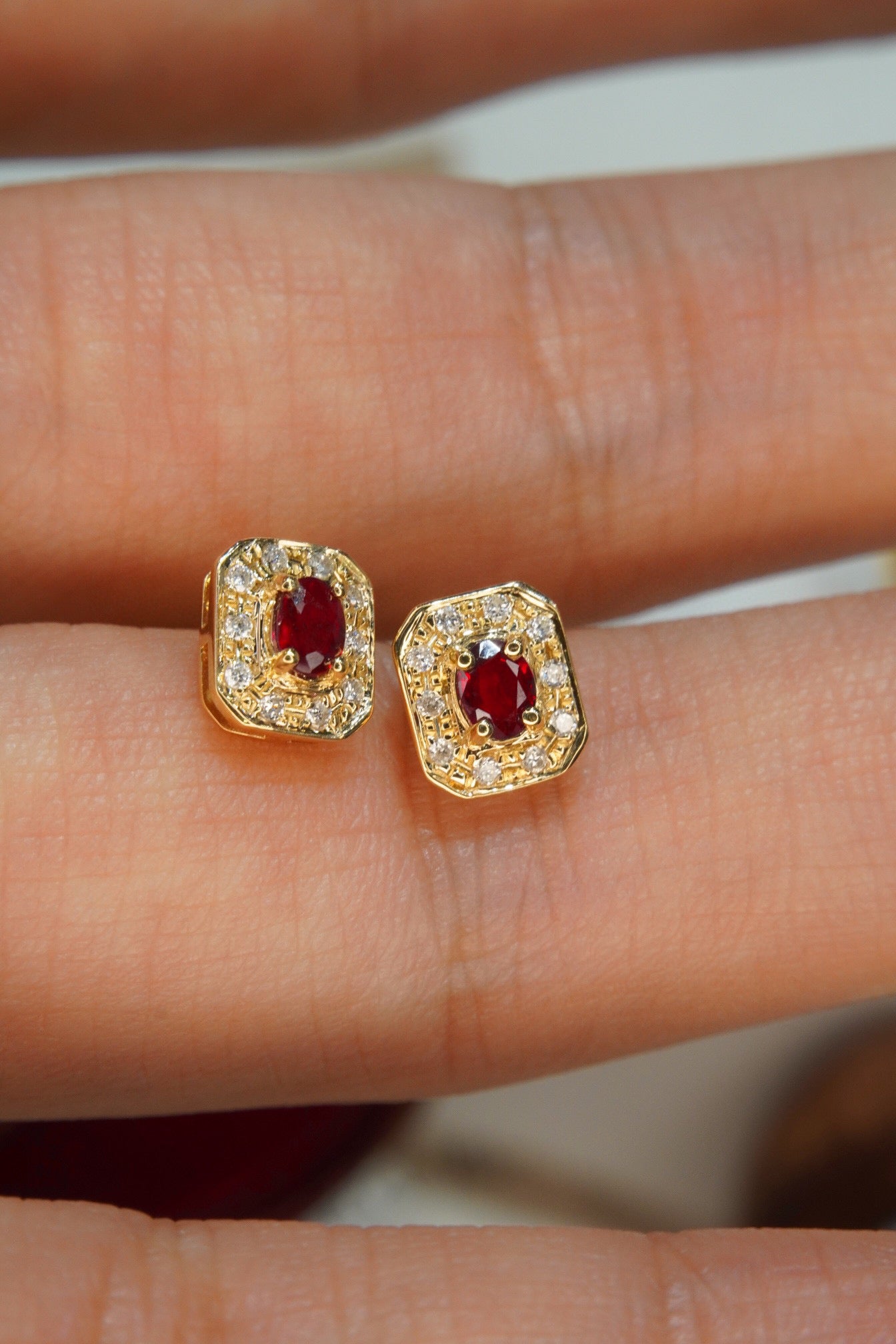 Classic Ruby Diamond Earrings, 18K Solid Gold Ruby Diamond Stud Earrings