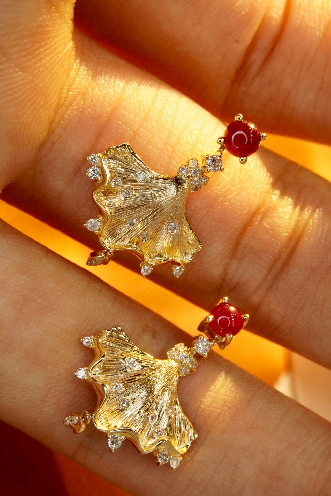 Leaf Flower Ruby Diamond Earrings, 18K Solid Gold Ruby Diamond Stud Earrings