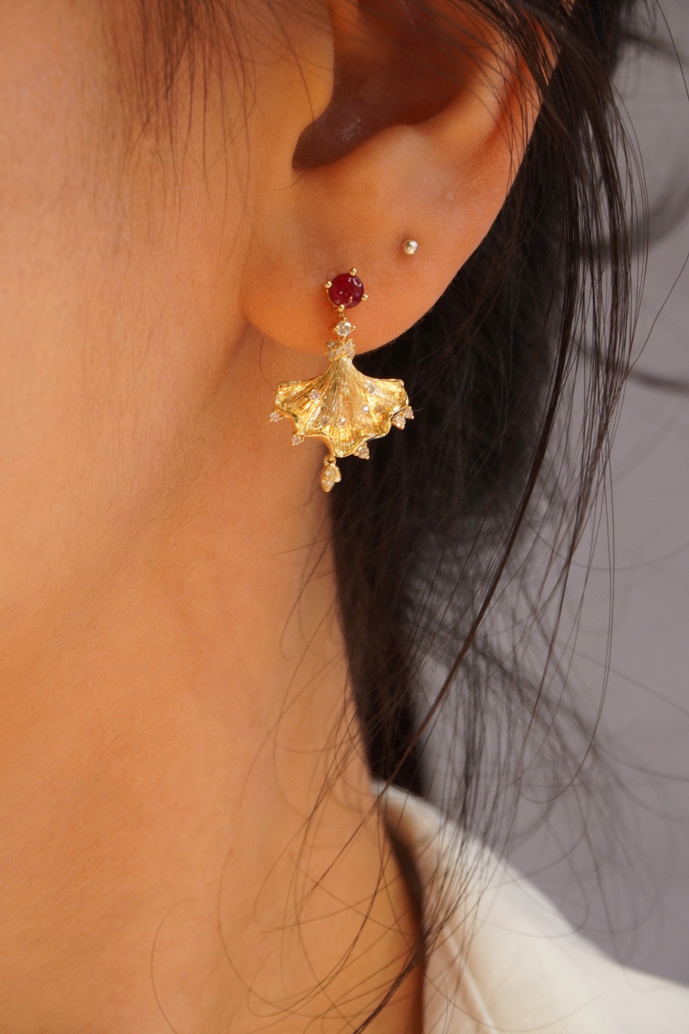 Leaf Flower Ruby Diamond Earrings, 18K Solid Gold Ruby Diamond Stud Earrings