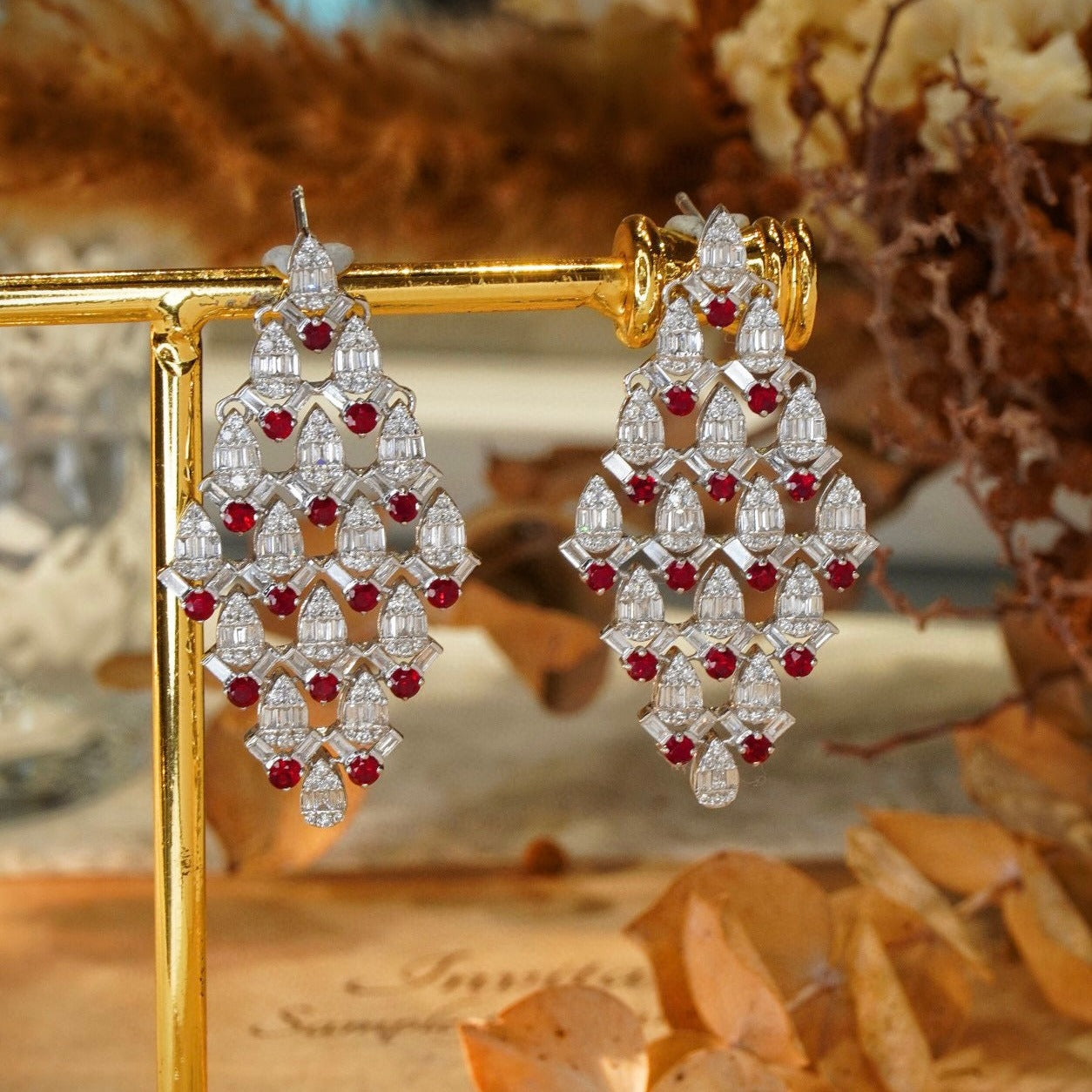 Luxury Ruby Diamond Earrings, 18K Solid Gold Ruby Diamond Stud Earrings