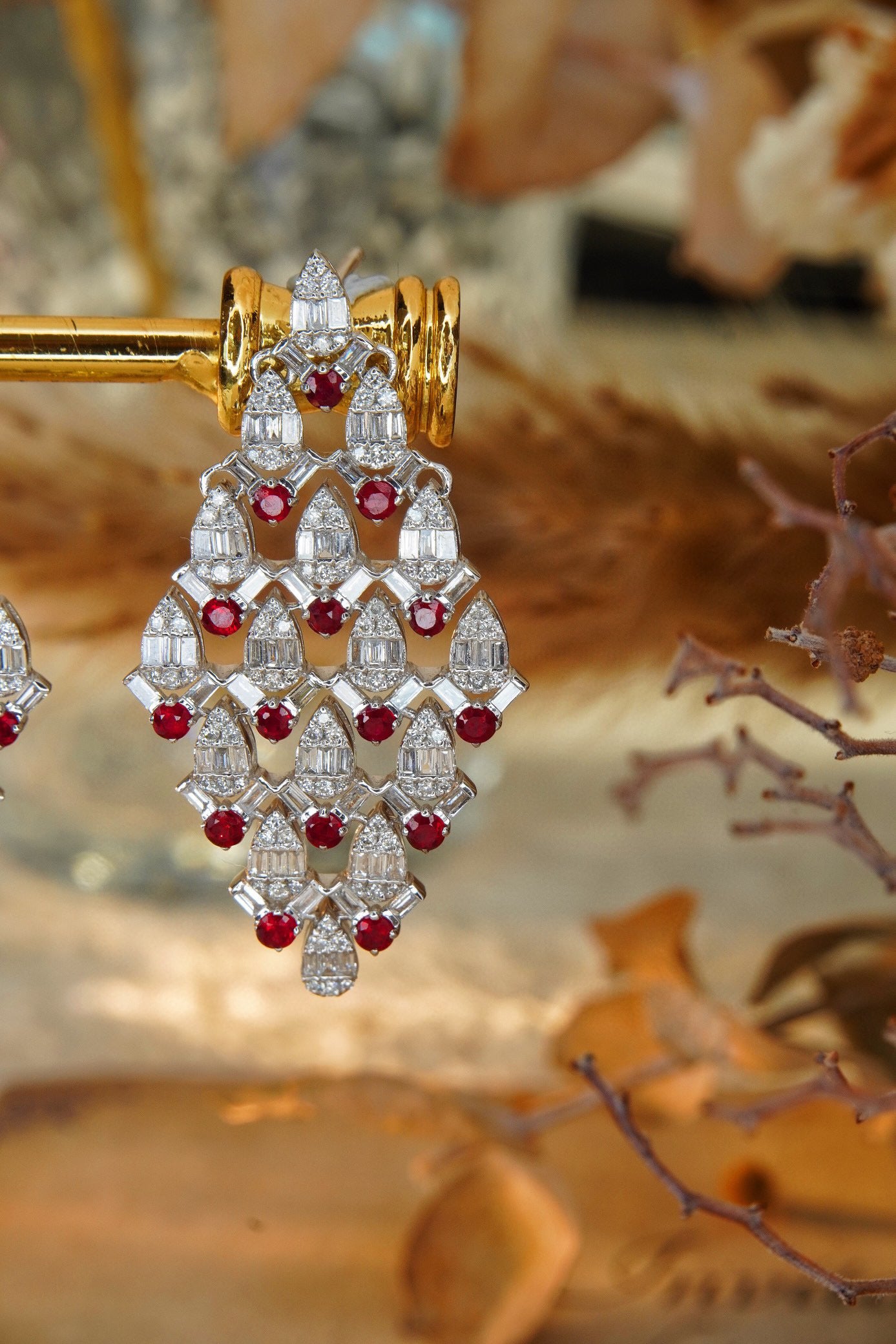 Luxury Ruby Diamond Earrings, 18K Solid Gold Ruby Diamond Stud Earrings