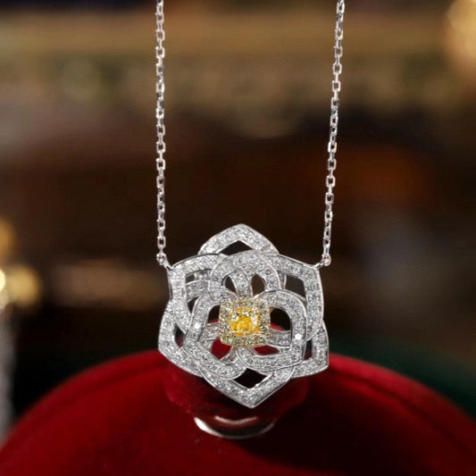 18K Solid Gold Genuine Yellow Diamond Rose necklace/Dainty Rose Diamond necklace/wedding,Anniversary Jewelry/ gift for her