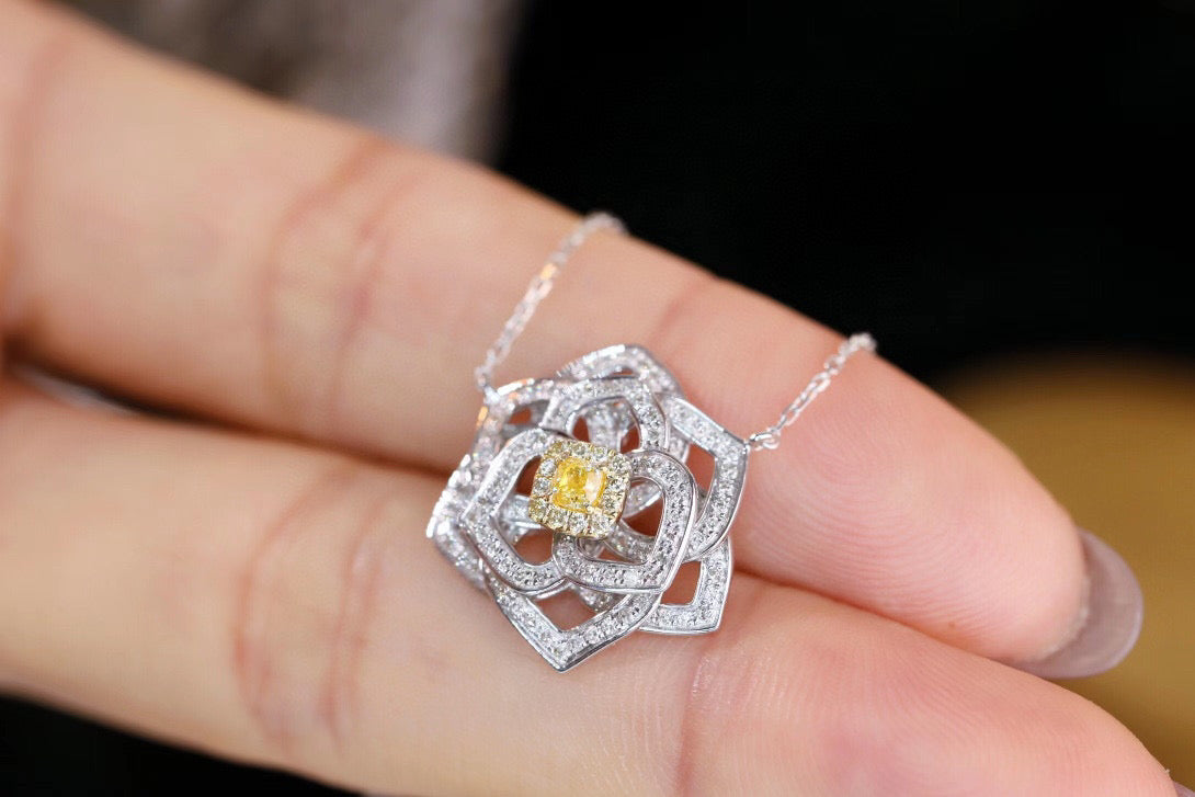 18K Solid Gold Genuine Yellow Diamond Rose necklace/Dainty Rose Diamond necklace/wedding,Anniversary Jewelry/ gift for her