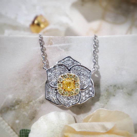 18K Solid Gold Camellia Genuine Yellow Diamond necklace/Dainty Rose Diamond necklace/wedding,Anniversary Jewelry/ gift for her