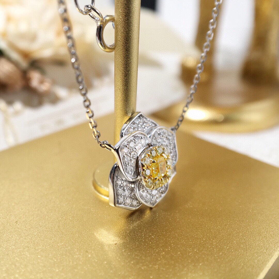 18K Solid Gold Camellia Genuine Yellow Diamond necklace/Dainty Rose Diamond necklace/wedding,Anniversary Jewelry/ gift for her