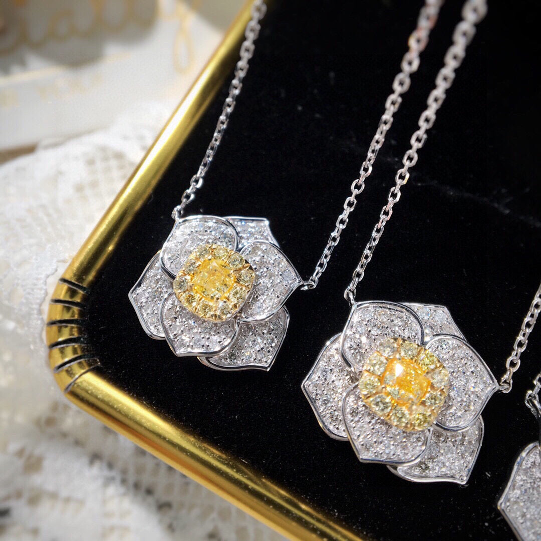 18K Solid Gold Camellia Genuine Yellow Diamond necklace/Dainty Rose Diamond necklace/wedding,Anniversary Jewelry/ gift for her