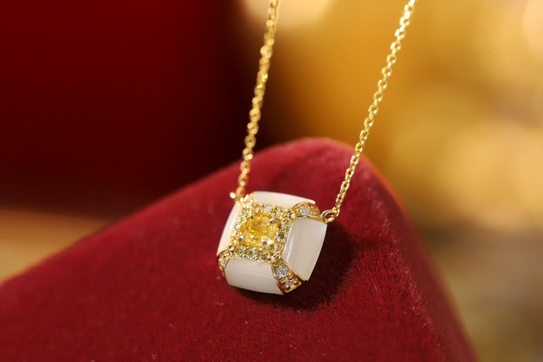 Fancy 18K Solid Gold Genuine Yellow Diamond necklace/Dainty Yellow Diamond Mother of pearl  necklace/wedding,Anniversary Jewelry/ gift for her