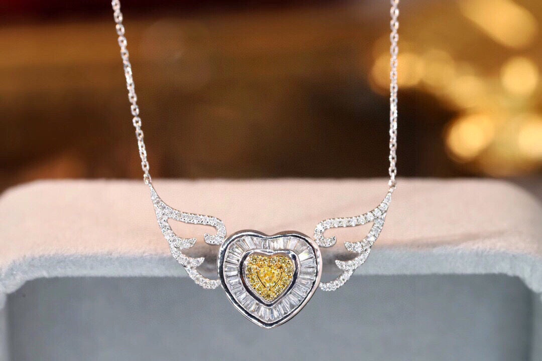 Fancy 18K Solid Gold Angle Wings Genuine Yellow Diamond necklace/Dainty Heart Yellow Diamond Mother of pearl  necklace/wedding,Anniversary Jewelry/ gift for her