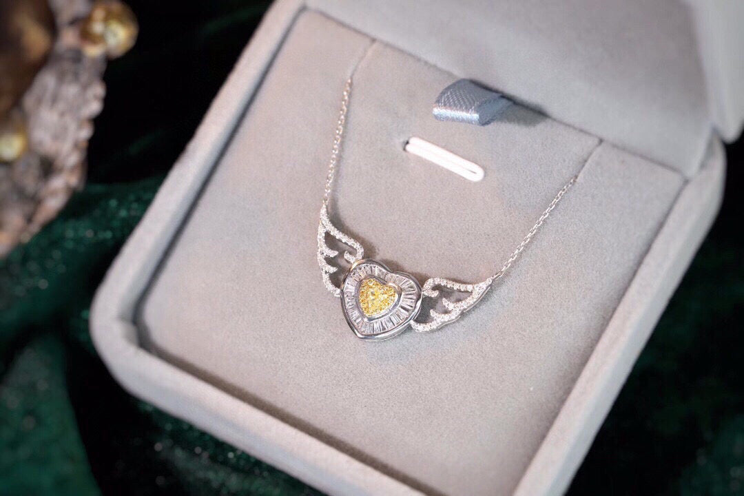 Fancy 18K Solid Gold Angle Wings Genuine Yellow Diamond necklace/Dainty Heart Yellow Diamond Mother of pearl  necklace/wedding,Anniversary Jewelry/ gift for her