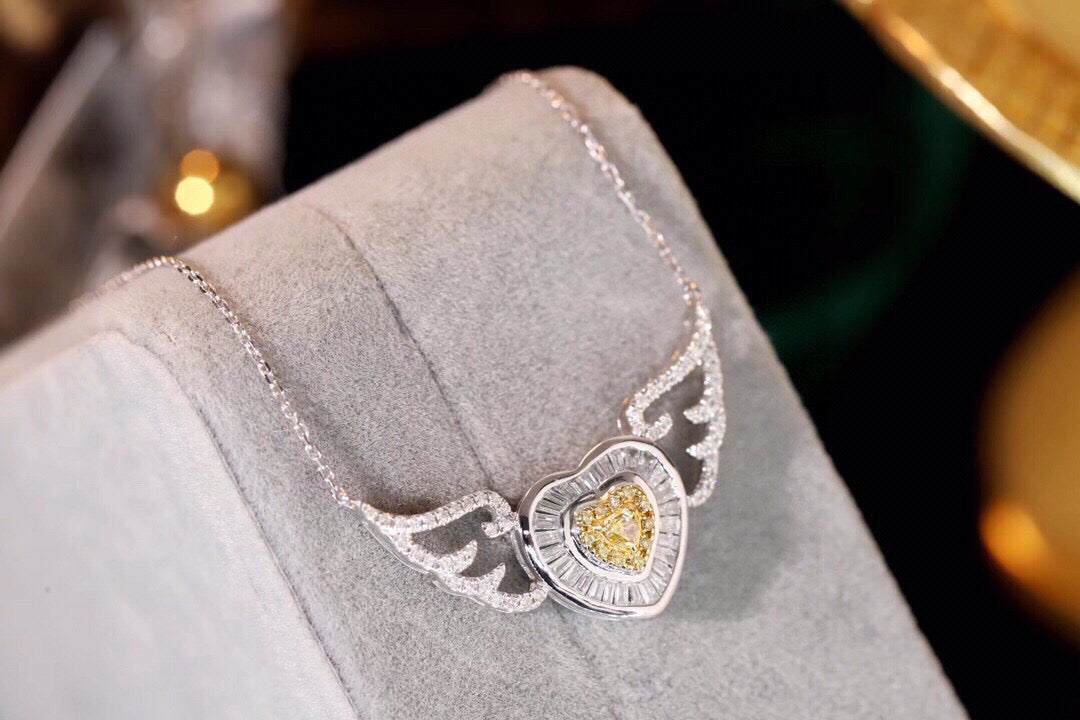 Fancy 18K Solid Gold Angle Wings Genuine Yellow Diamond necklace/Dainty Heart Yellow Diamond Mother of pearl  necklace/wedding,Anniversary Jewelry/ gift for her