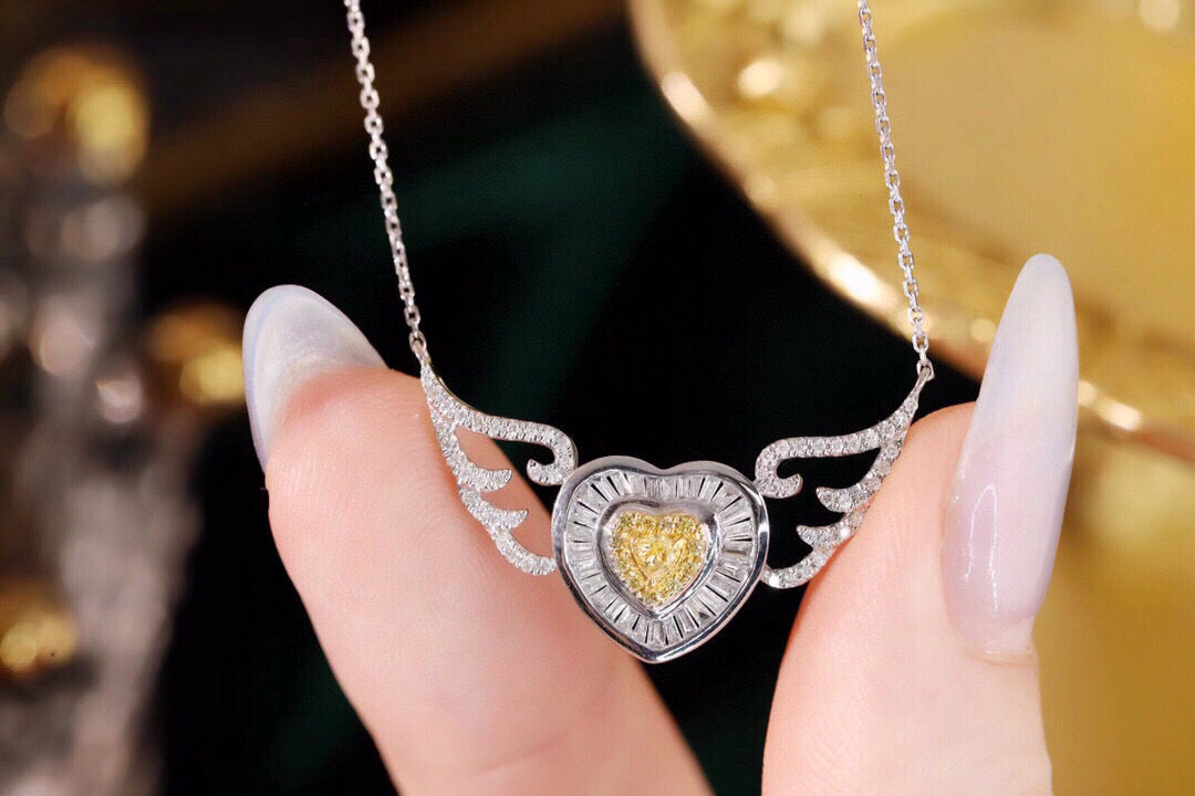 Fancy 18K Solid Gold Angle Wings Genuine Yellow Diamond necklace/Dainty Heart Yellow Diamond Mother of pearl  necklace/wedding,Anniversary Jewelry/ gift for her