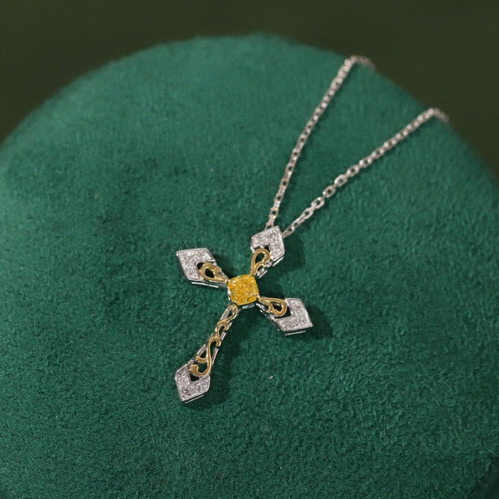 Art Deco 18K Solid Gold Genuine Yellow Diamond Cross Pendant necklace/Dainty Yellow Diamond Cross necklace/wedding,Anniversary Jewelry/ gift for her