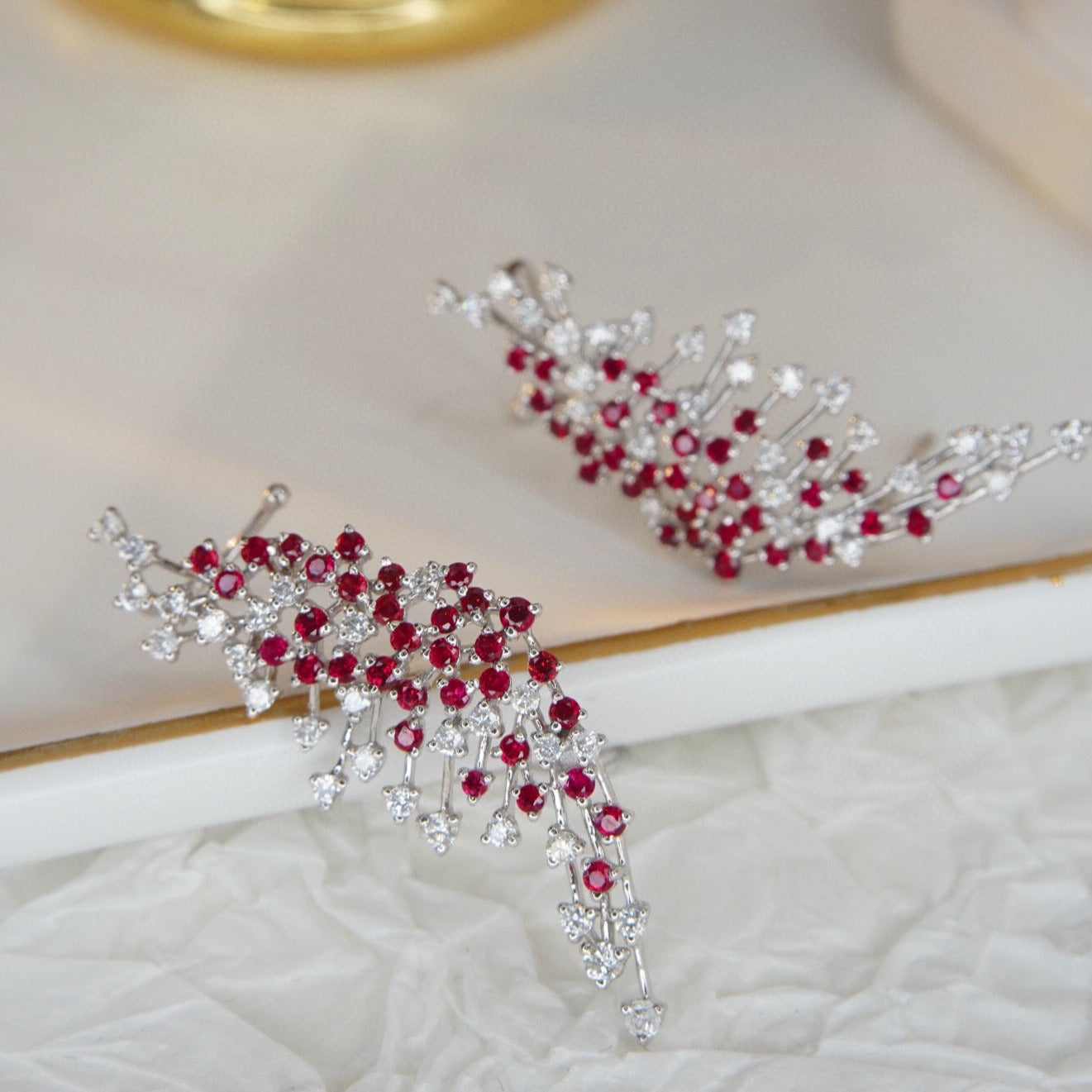 Angle Wings Ruby Diamond Earrings, 18K Solid Gold Ruby Diamond Stud Earrings