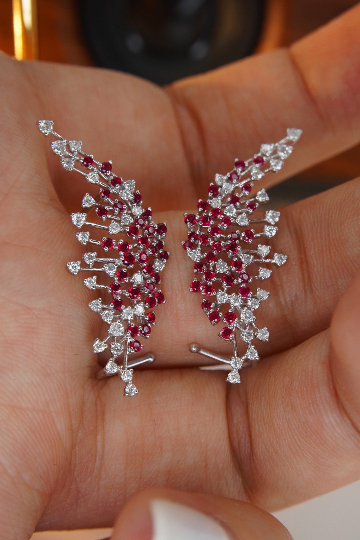 Angle Wings Ruby Diamond Earrings, 18K Solid Gold Ruby Diamond Stud Earrings