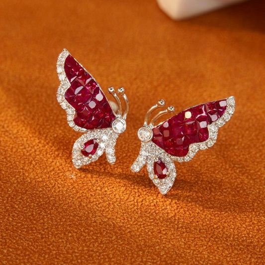 Vintage Butterfly Ruby Diamond Earrings, 18K Solid Gold Ruby Diamond Stud Earrings