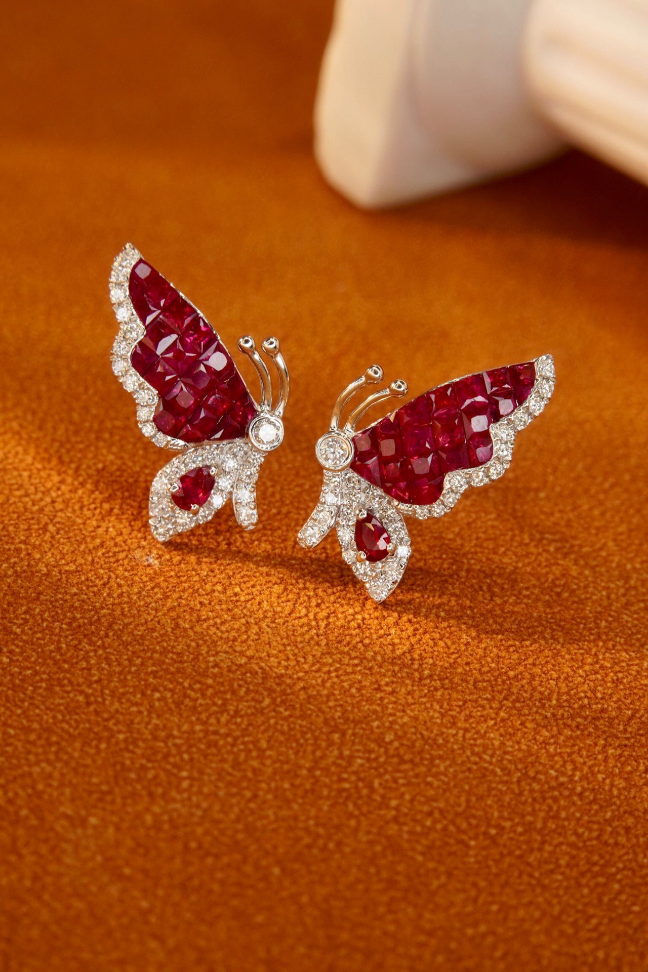 Vintage Butterfly Ruby Diamond Earrings, 18K Solid Gold Ruby Diamond Stud Earrings