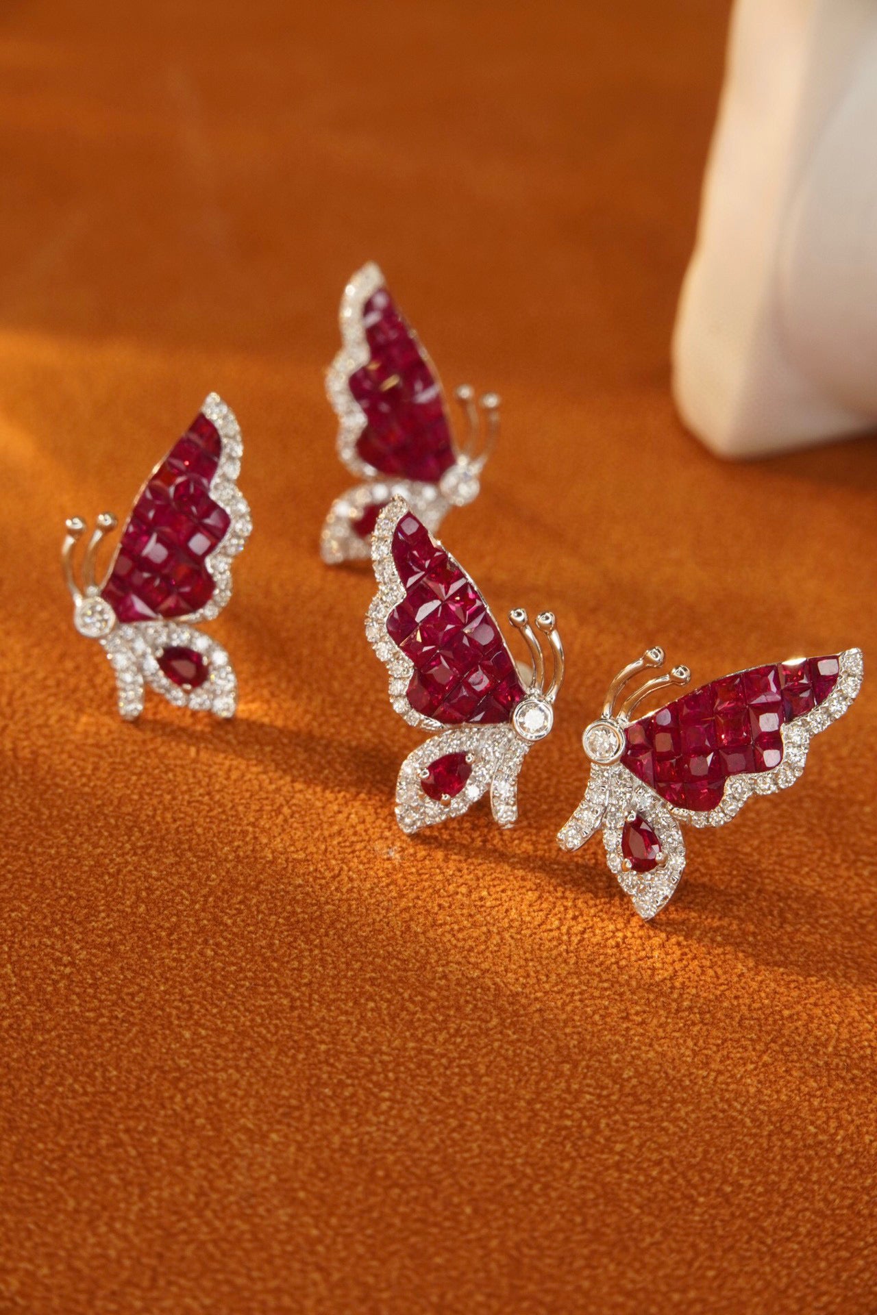 Vintage Butterfly Ruby Diamond Earrings, 18K Solid Gold Ruby Diamond Stud Earrings