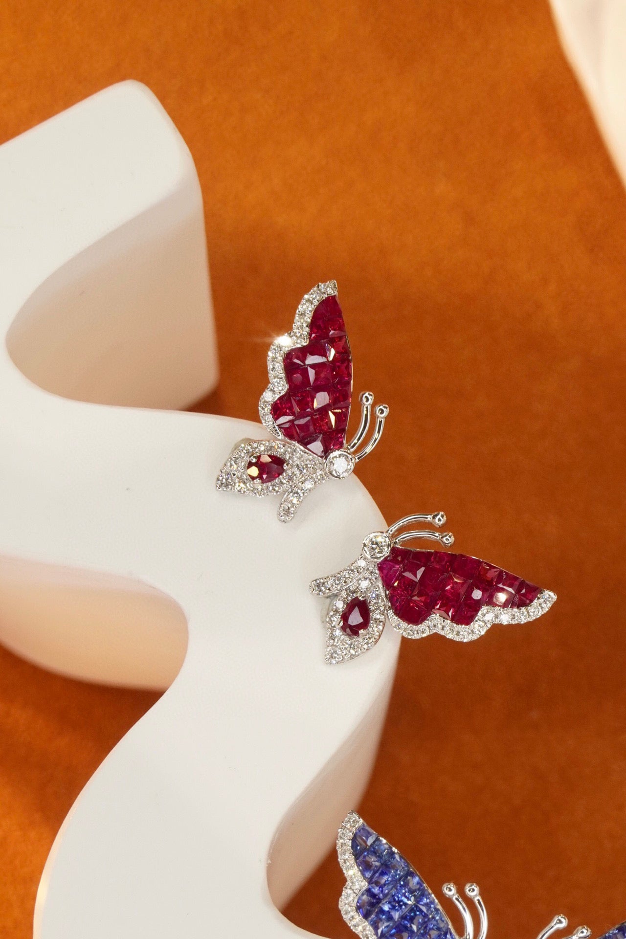 Vintage Butterfly Ruby Diamond Earrings, 18K Solid Gold Ruby Diamond Stud Earrings