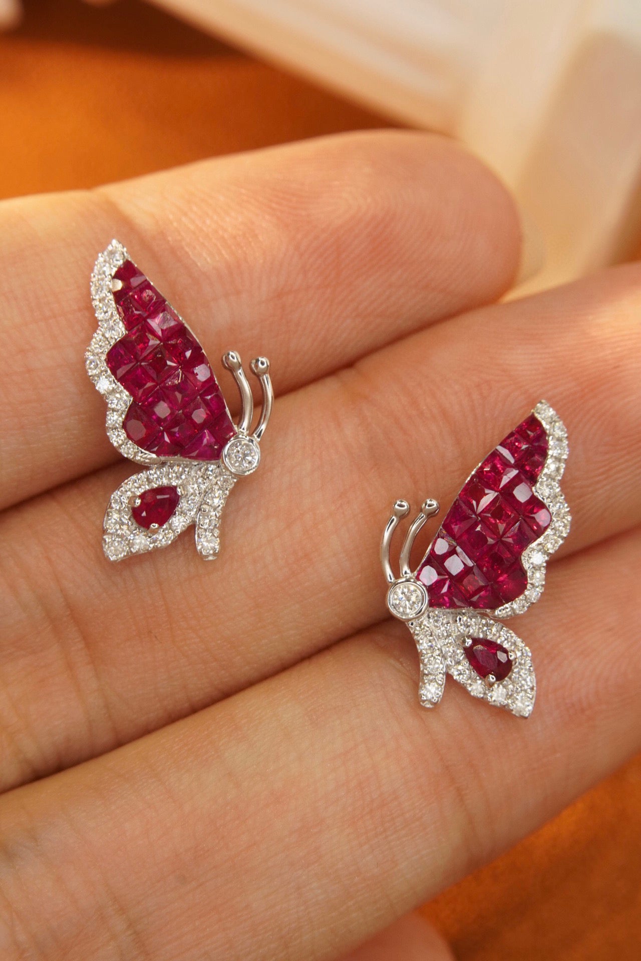 Vintage Butterfly Ruby Diamond Earrings, 18K Solid Gold Ruby Diamond Stud Earrings