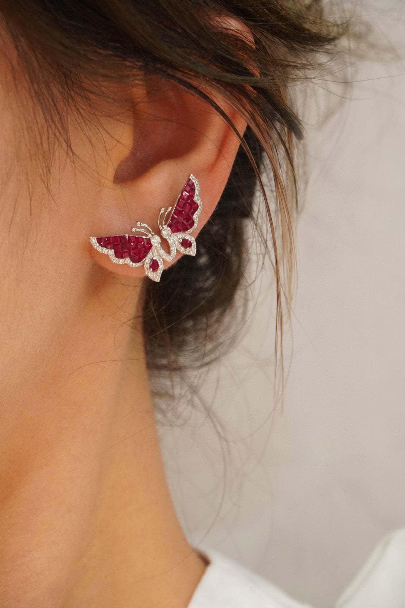 Vintage Butterfly Ruby Diamond Earrings, 18K Solid Gold Ruby Diamond Stud Earrings