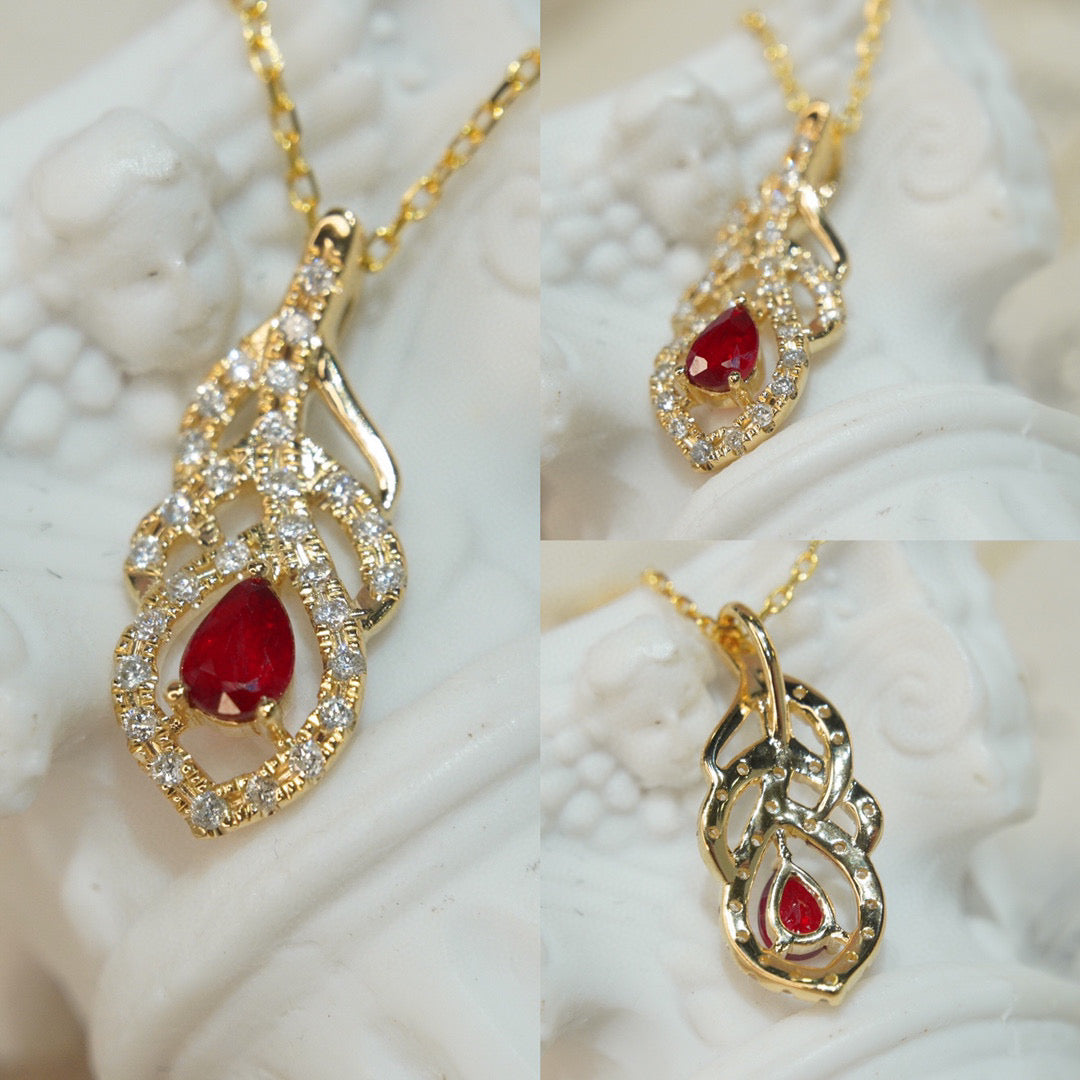 Art Deco Ruby Diamond Feather Pendant, 18K Solid Gold Ruby Diamond Pendant