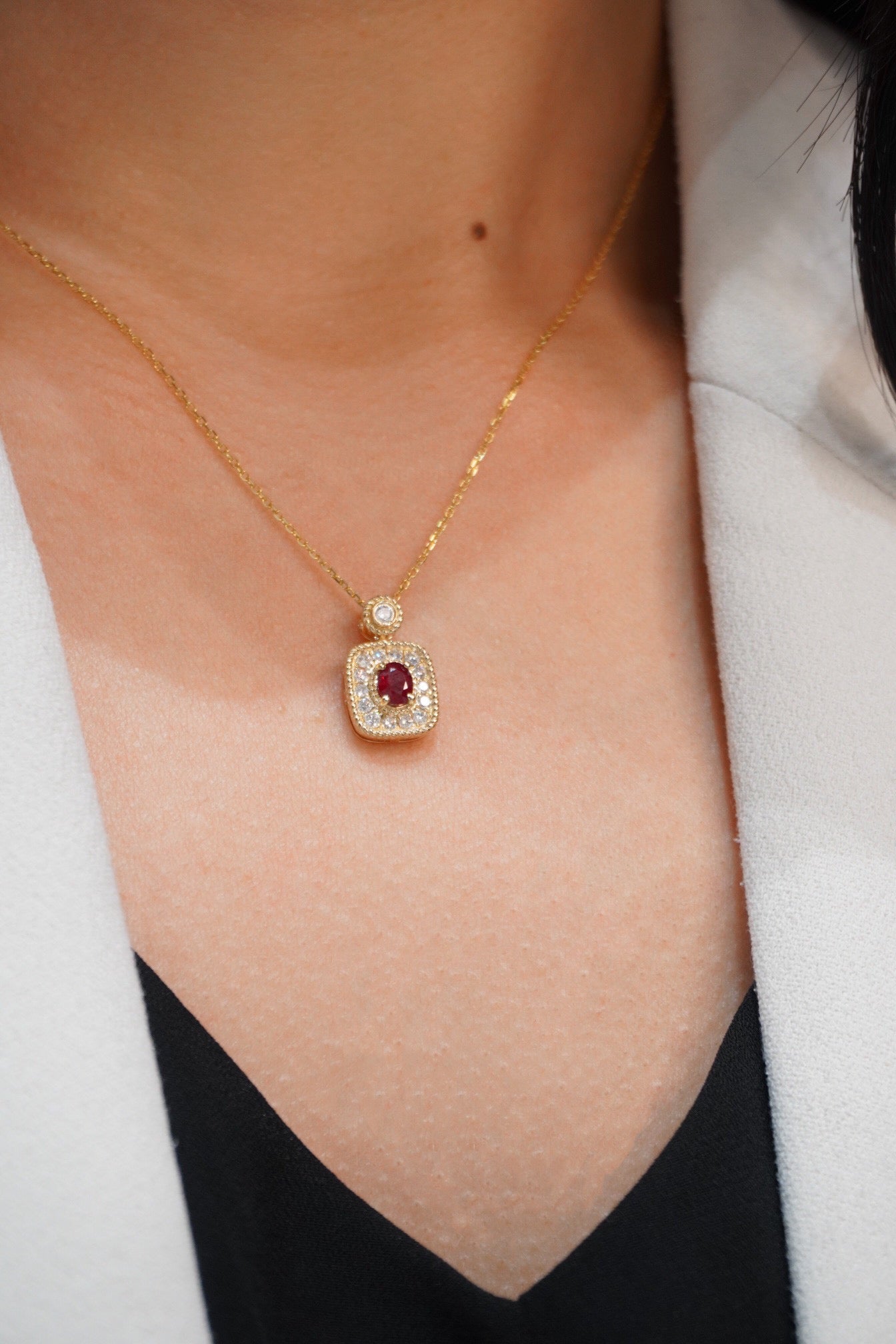 Vintage Ruby Diamond Pendant, 18K Solid Gold Ruby Diamond Pendant