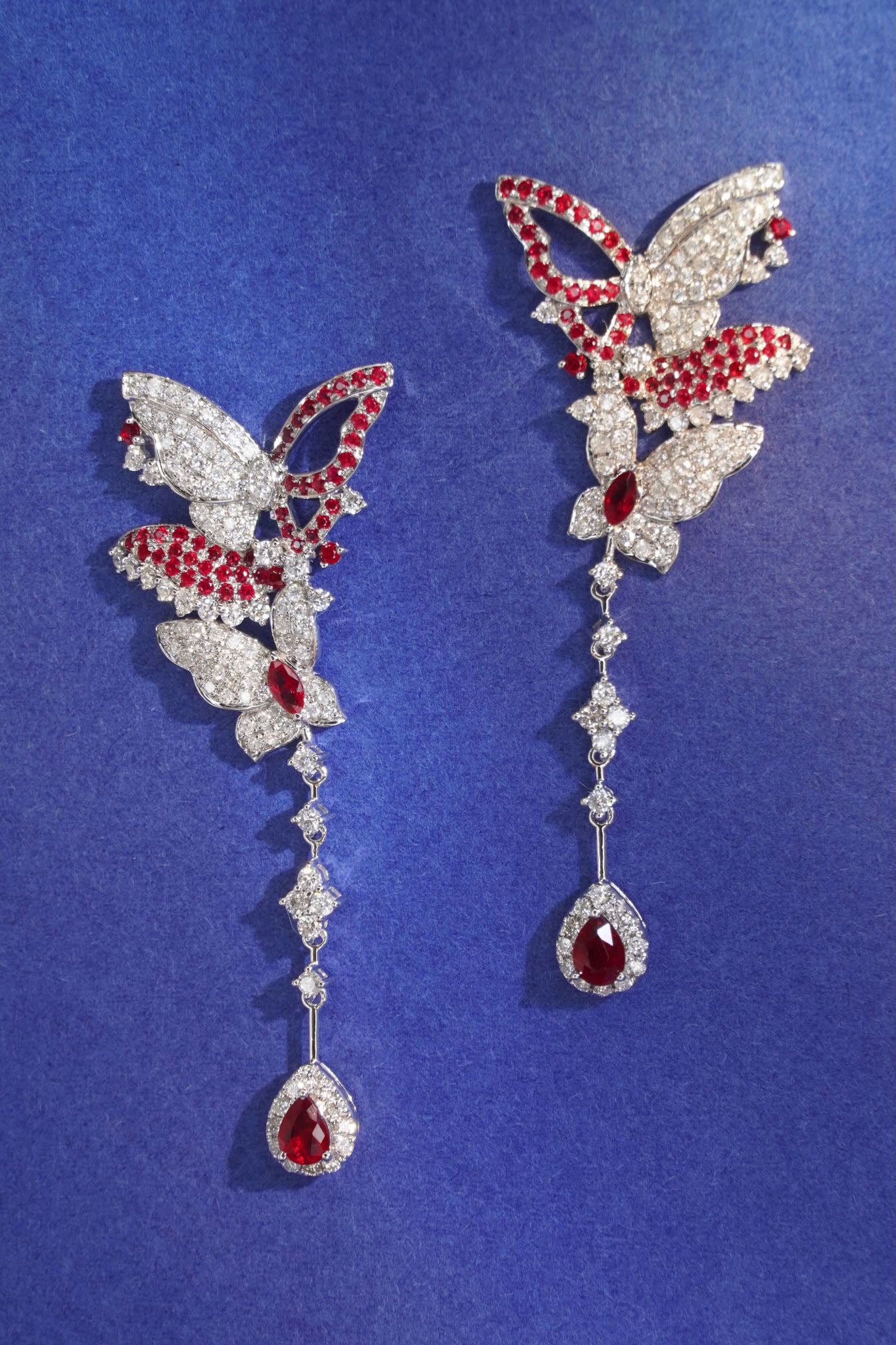 Butterfly Luxury Ruby Diamond Earrings, 18K Solid Gold Ruby Diamond Butterfly Earrings