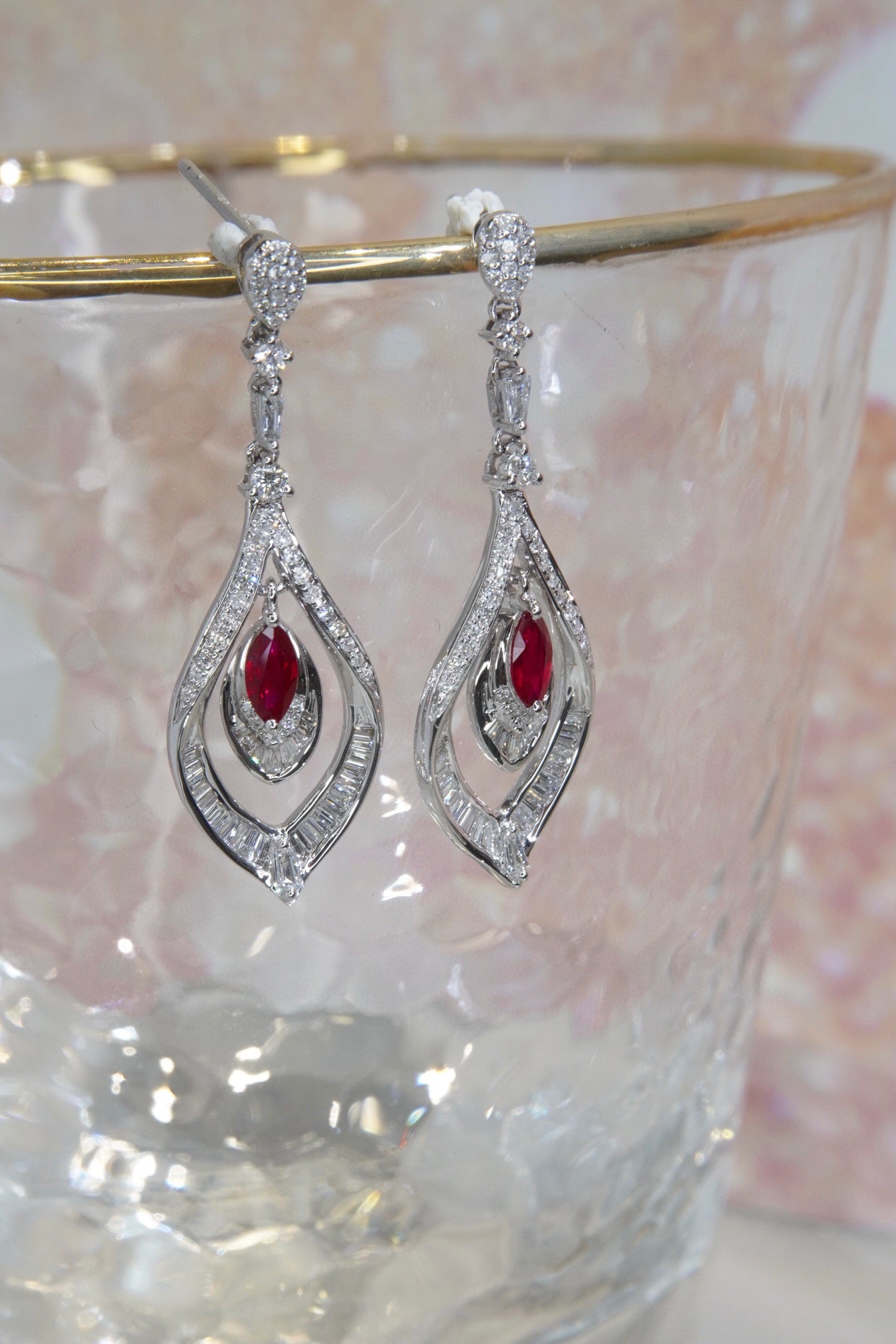 Vintage Tear Drop Ruby Diamond Earrings,18K Solid Gold Ruby Diamond Earrings