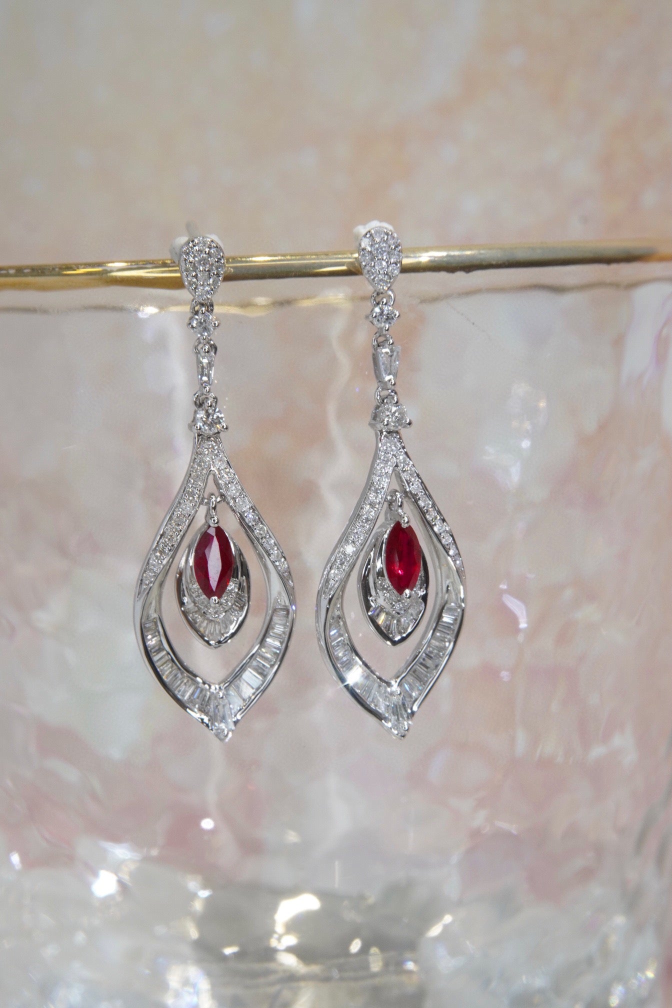 Vintage Tear Drop Ruby Diamond Earrings,18K Solid Gold Ruby Diamond Earrings