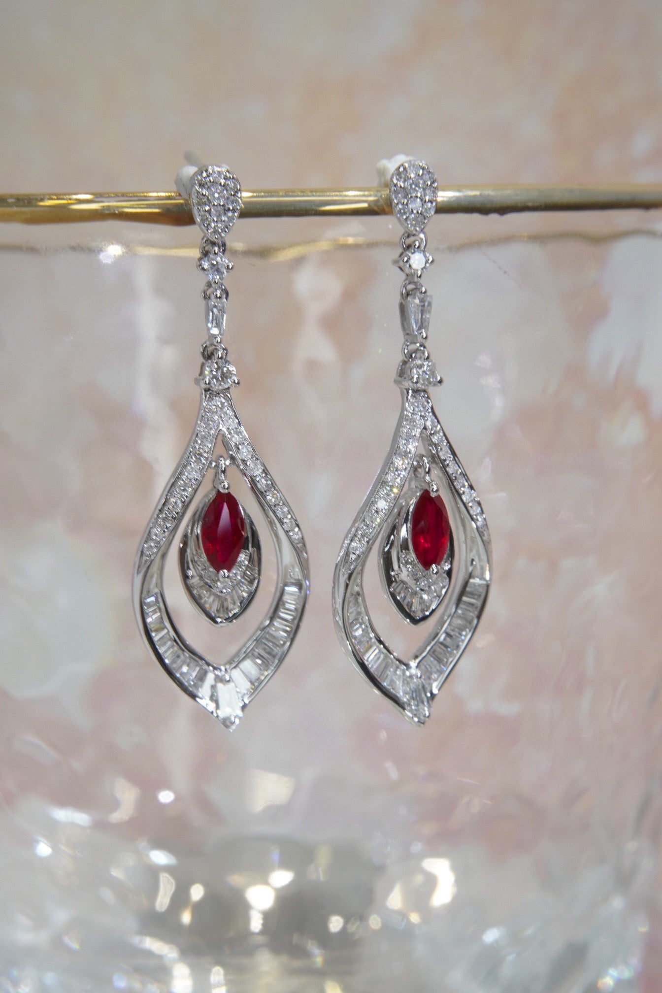 Vintage Tear Drop Ruby Diamond Earrings,18K Solid Gold Ruby Diamond Earrings