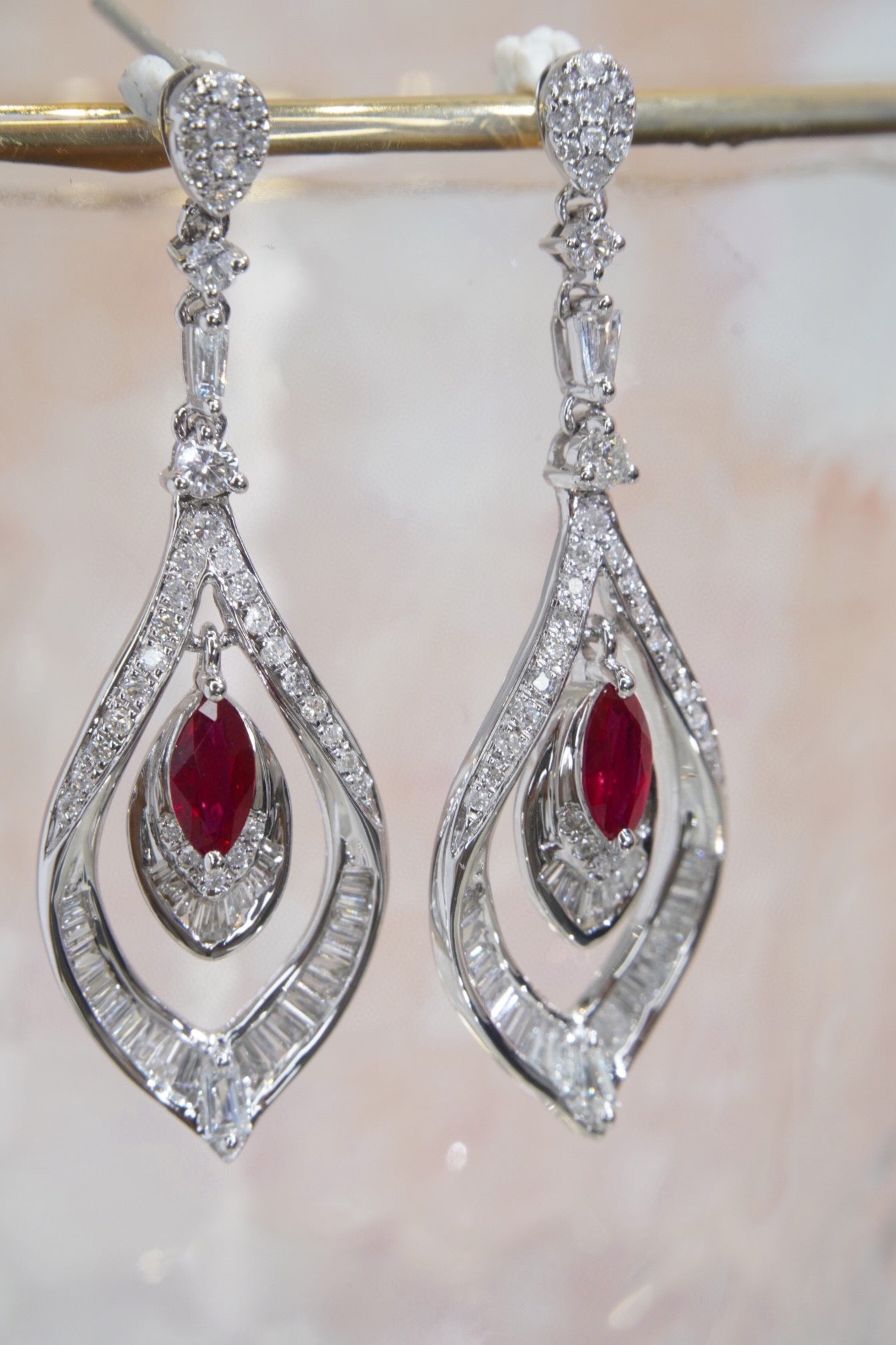 Vintage Tear Drop Ruby Diamond Earrings,18K Solid Gold Ruby Diamond Earrings