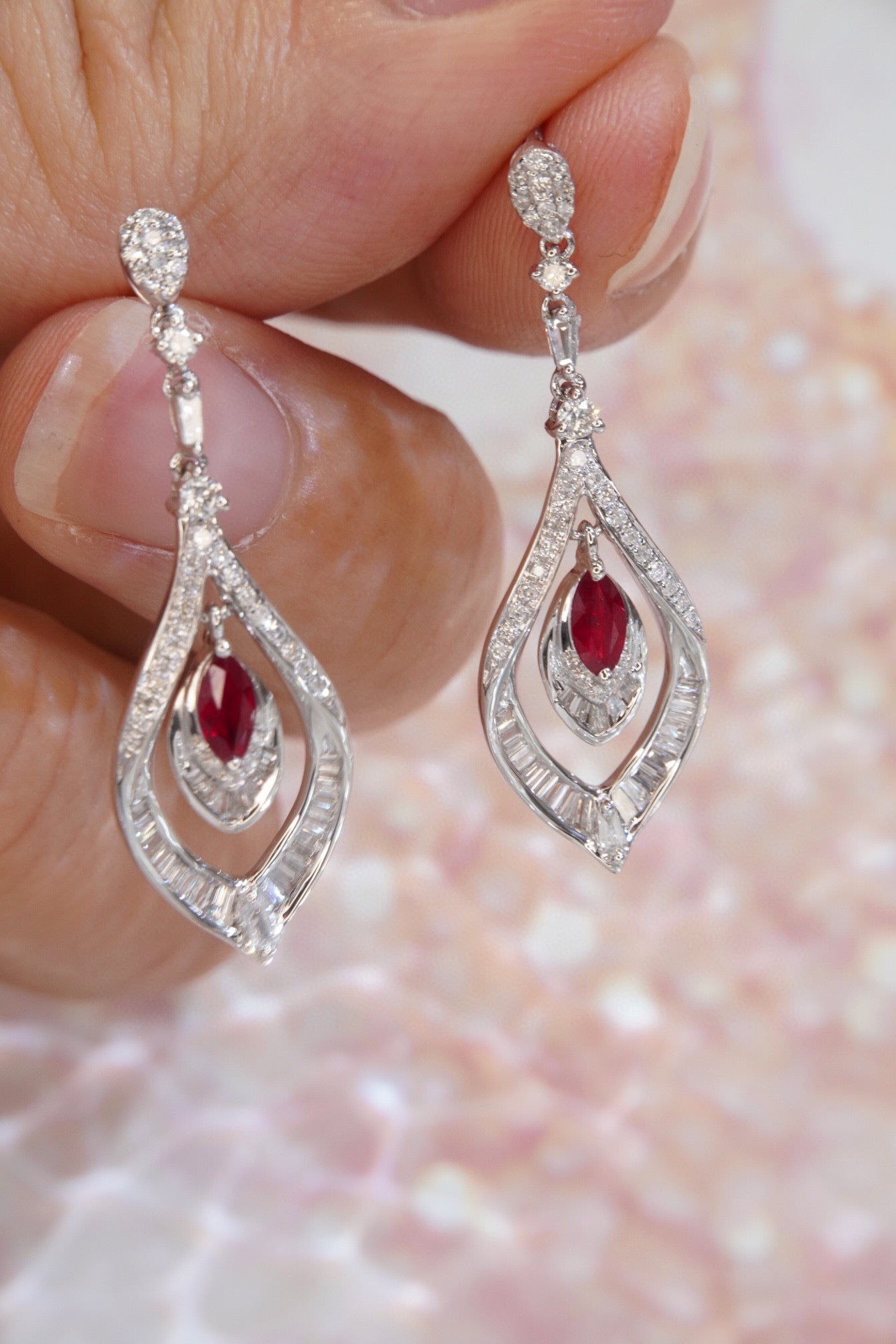 Vintage Tear Drop Ruby Diamond Earrings,18K Solid Gold Ruby Diamond Earrings