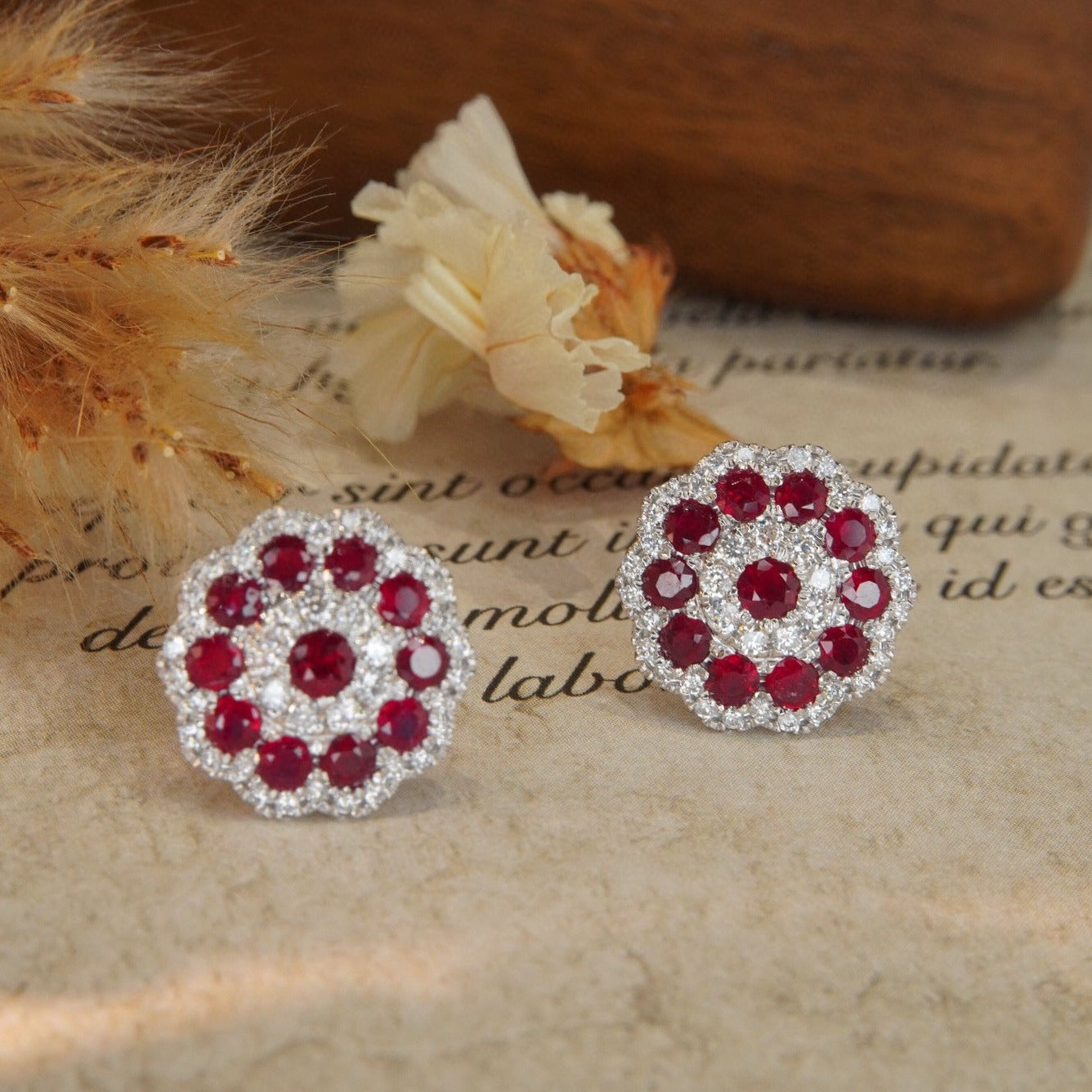 Vintage Ruby Diamond Snowflake Earrings, 18K Solid Gold Ruby Diamond Stud Earrings