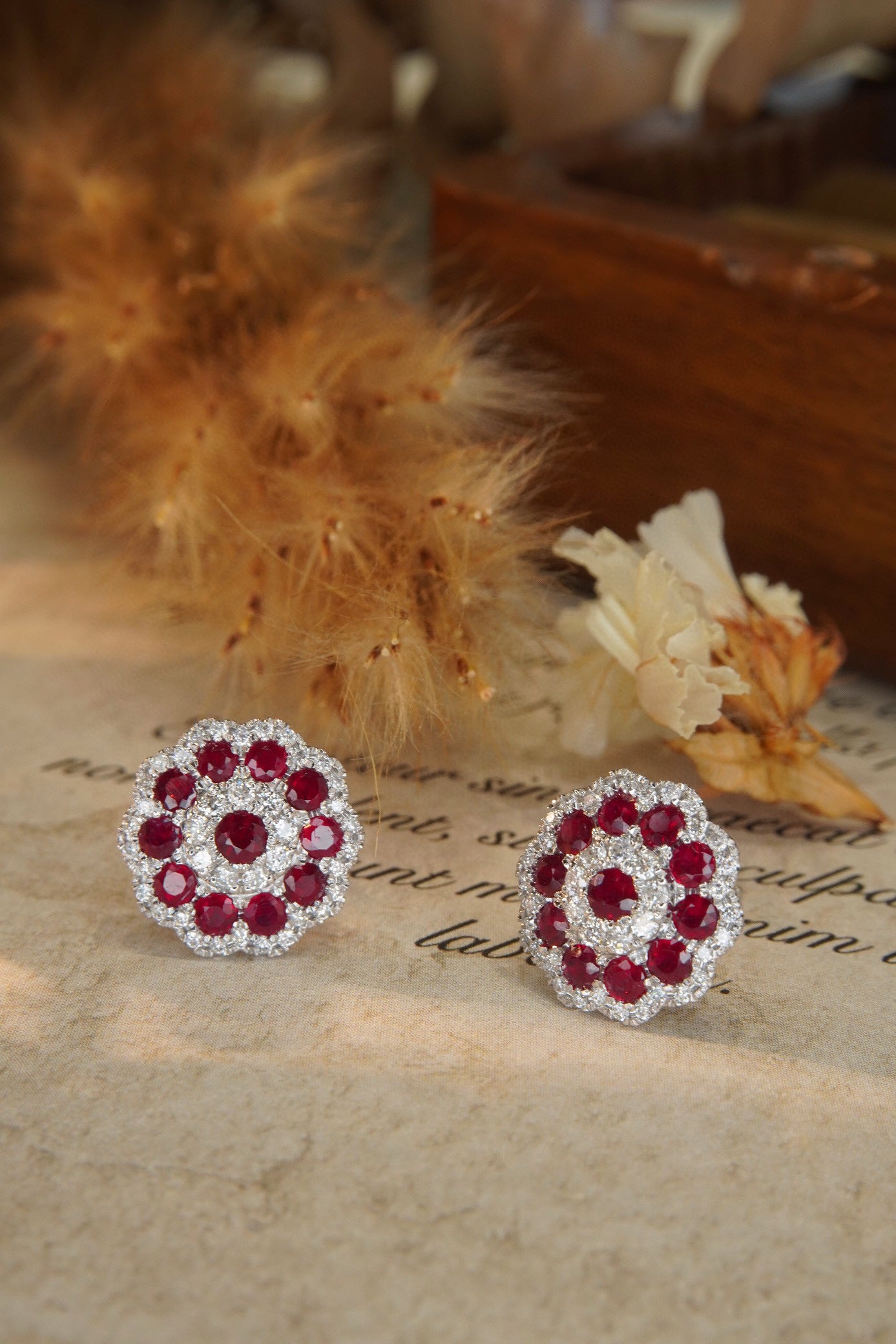 Vintage Ruby Diamond Snowflake Earrings, 18K Solid Gold Ruby Diamond Stud Earrings