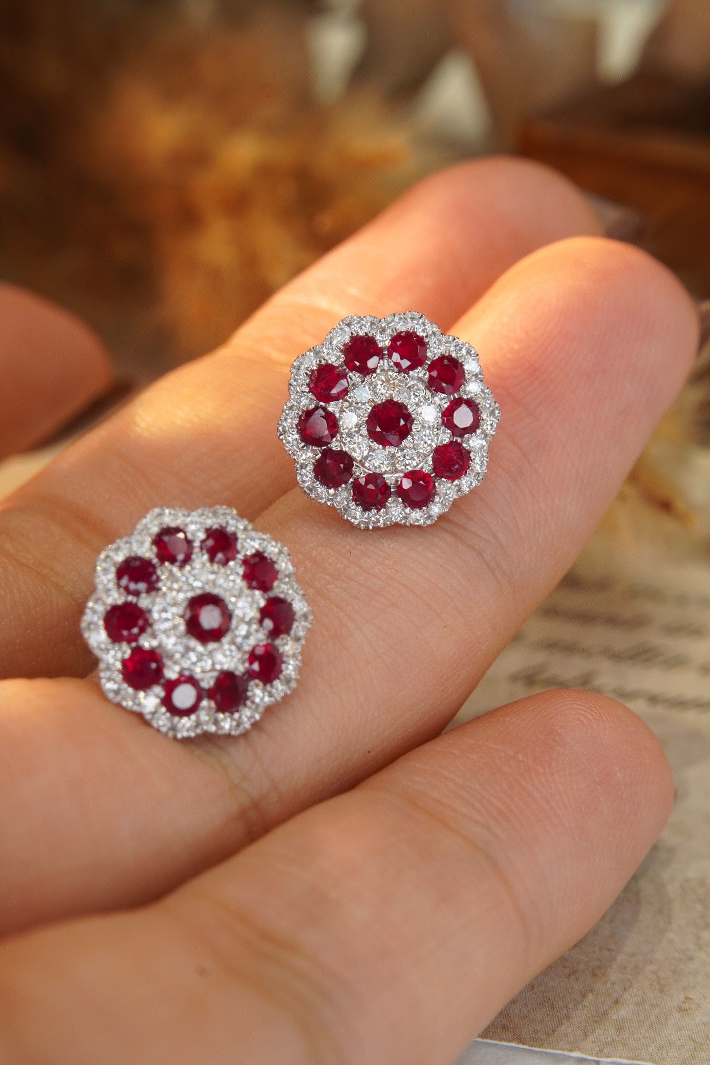 Vintage Ruby Diamond Snowflake Earrings, 18K Solid Gold Ruby Diamond Stud Earrings